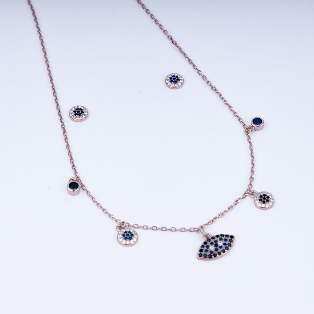 Dual Tone Evil Eye Zircon Necklace Set In 925 Sterling Silver