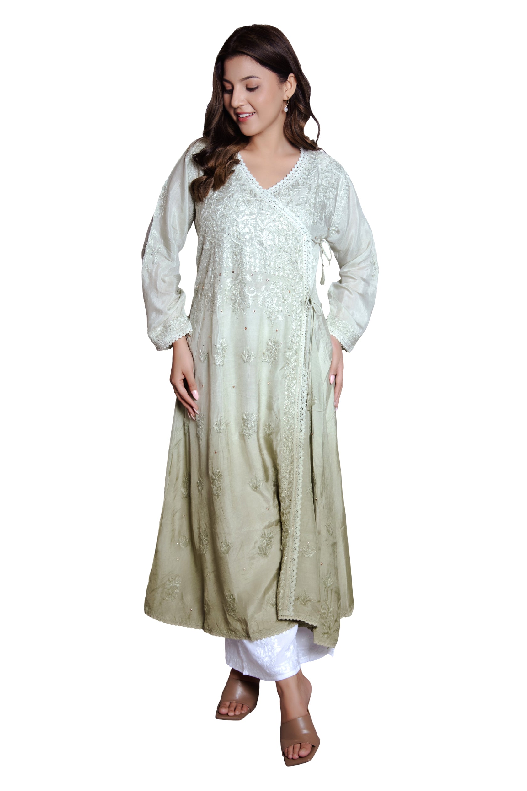 Vanika Sage Mist Wrap Embroidered Chikankari Kurta Set