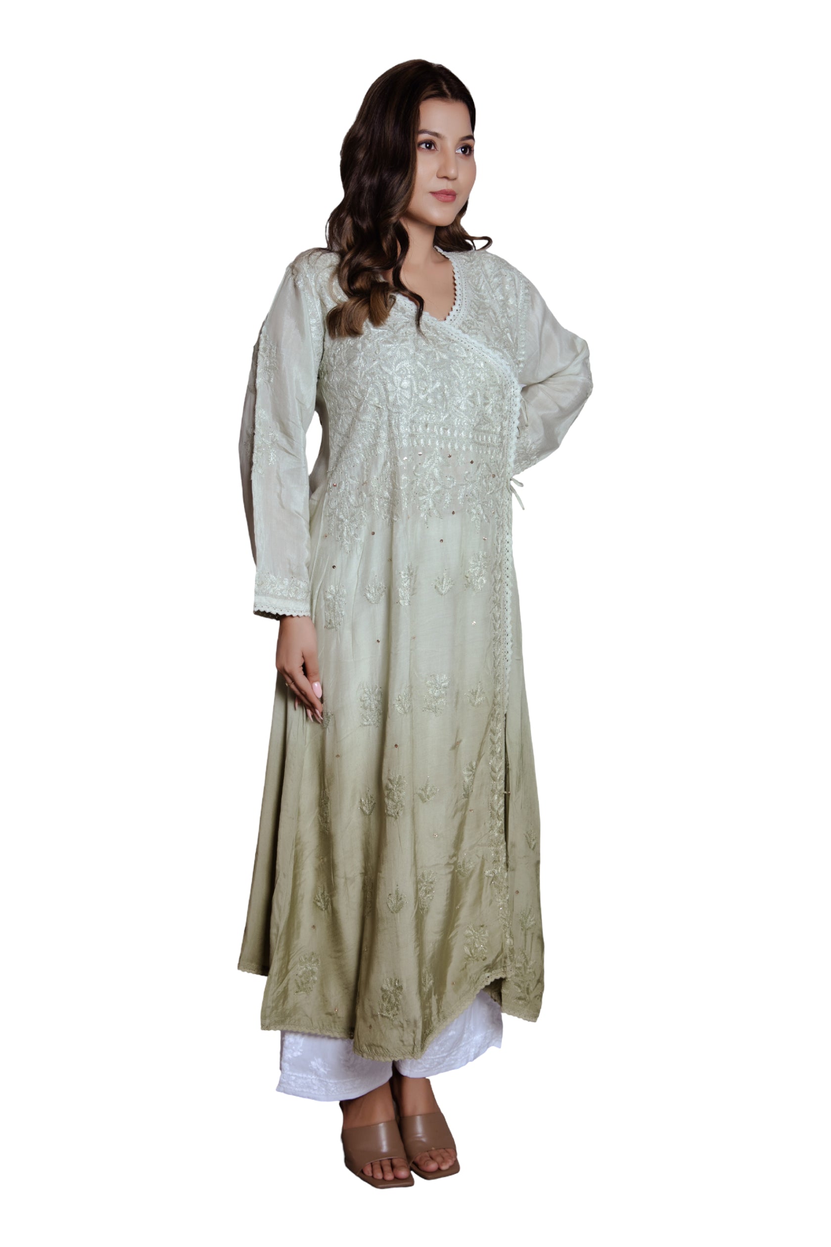 Vanika Sage Mist Wrap Embroidered Chikankari Kurta Set