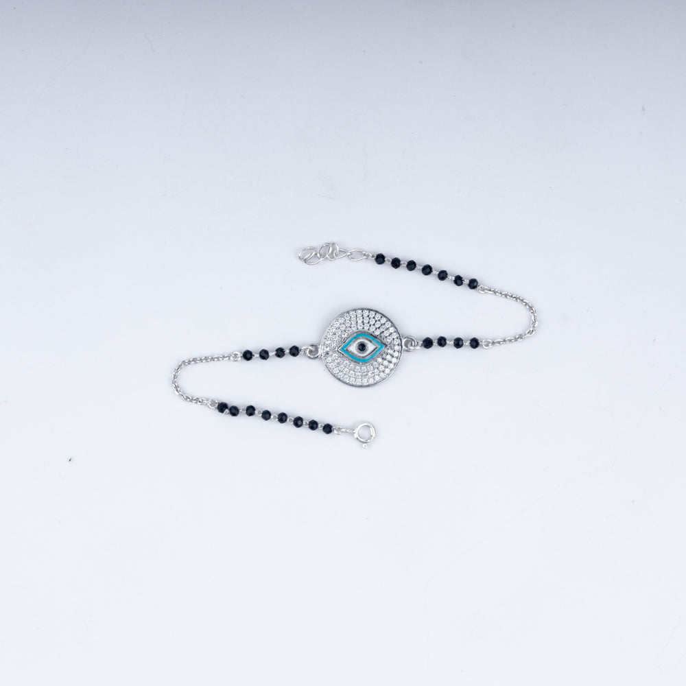 Evil Eye Charm Bling Chain Bracelet With Black Beads In 925 Sterling Silver