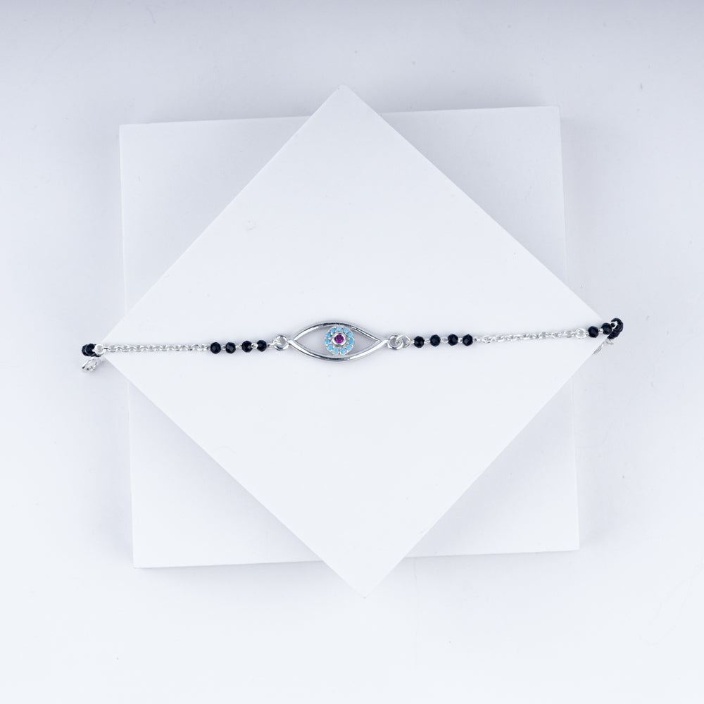 Classic Evil Eye Black Beads Chain Bracelet In 925 Sterling Silver