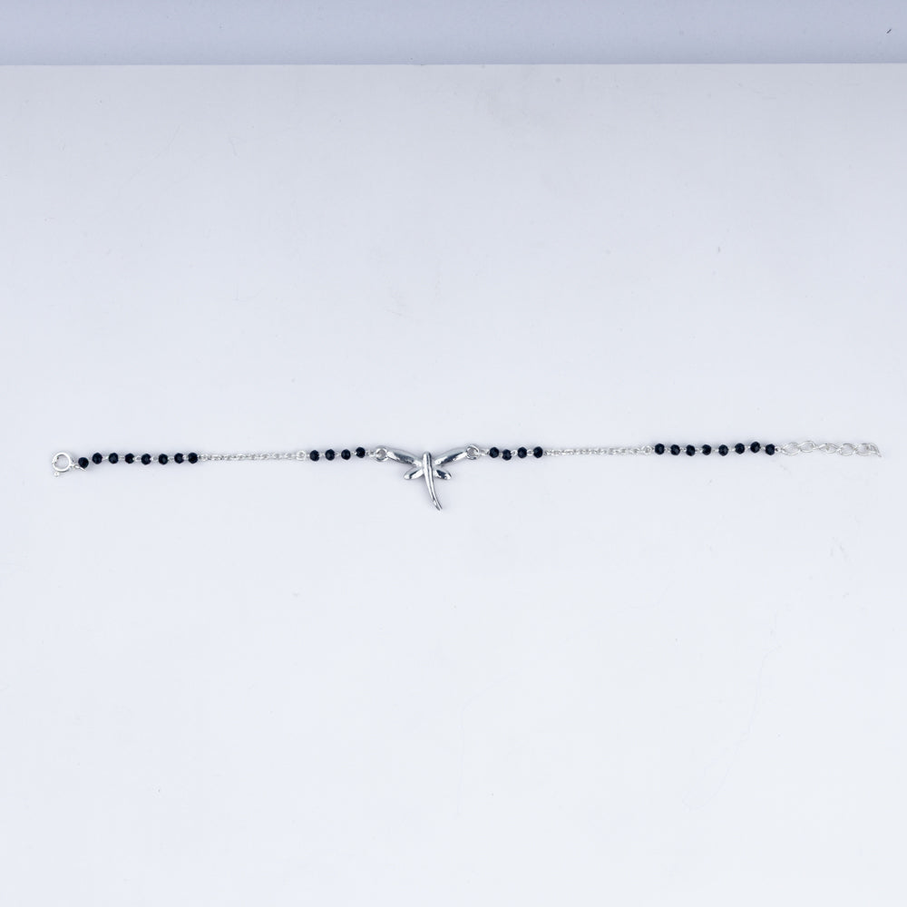 Butterfly Charm Black Beads Chain Bracelet In 925 Sterling Silver