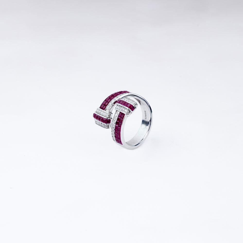 Radiant Ruby Baguette Adjustable Ring in 925 Silver