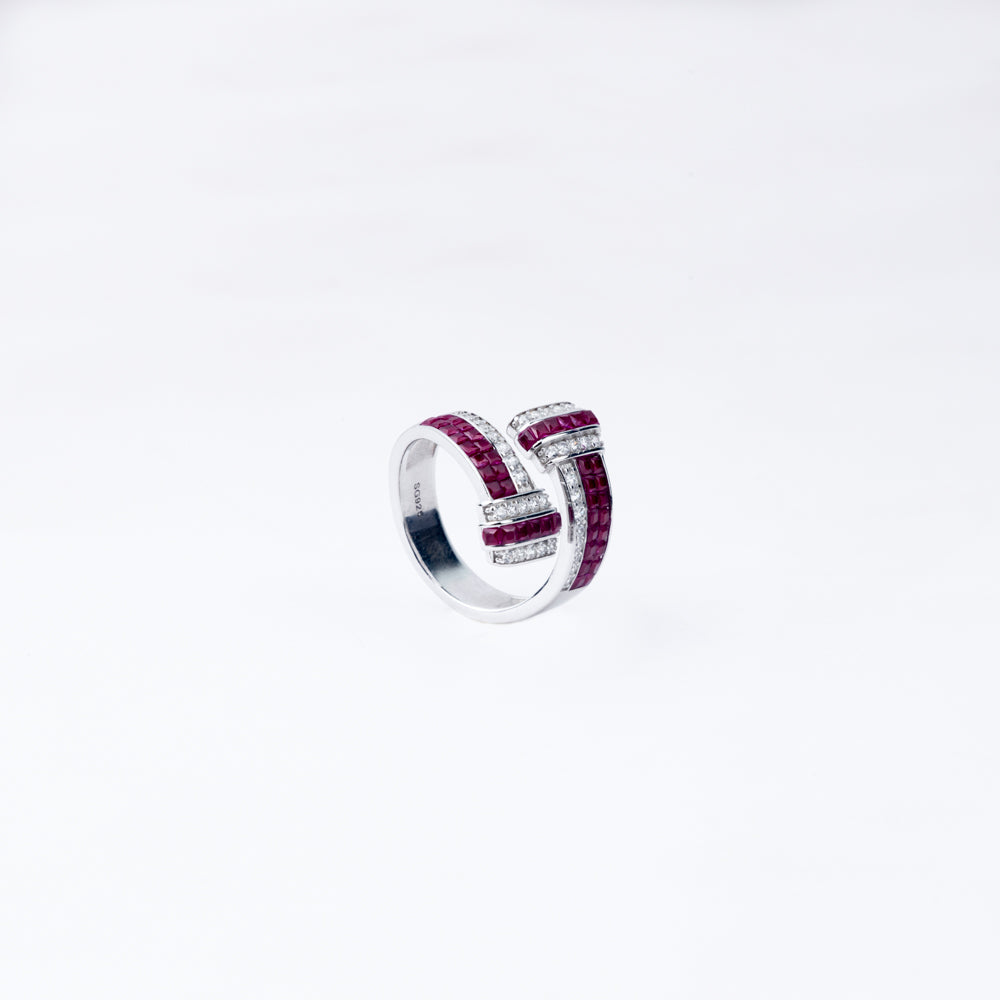 Radiant Ruby Baguette Adjustable Ring in 925 Silver