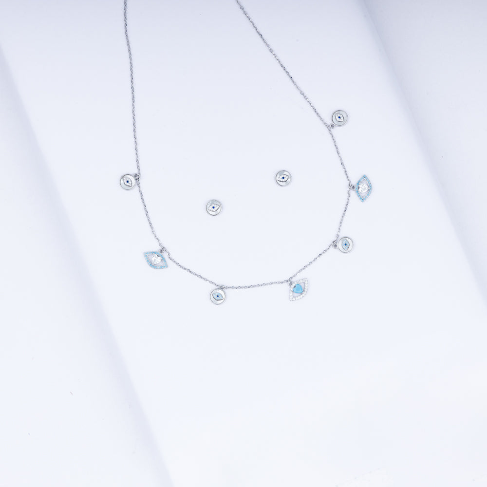 Evil Eye Amulet Zircon Necklace Set In 925 Sterling Silver