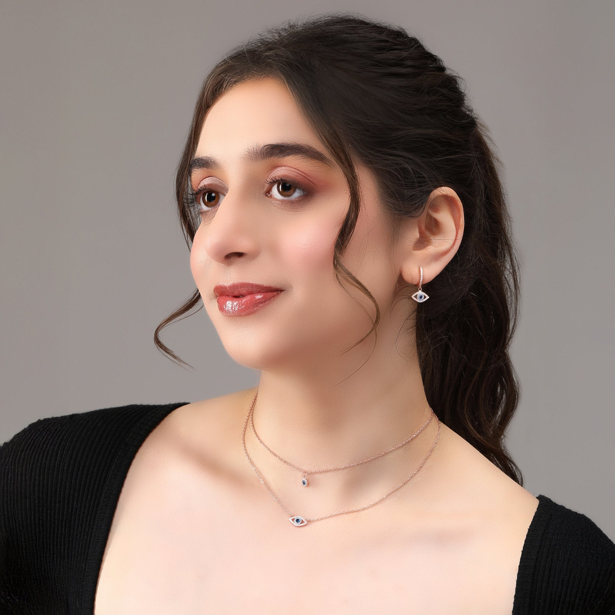 Blue & White Zircon Evil Eye Necklace Set In 925 Sterling Silver - Vanika