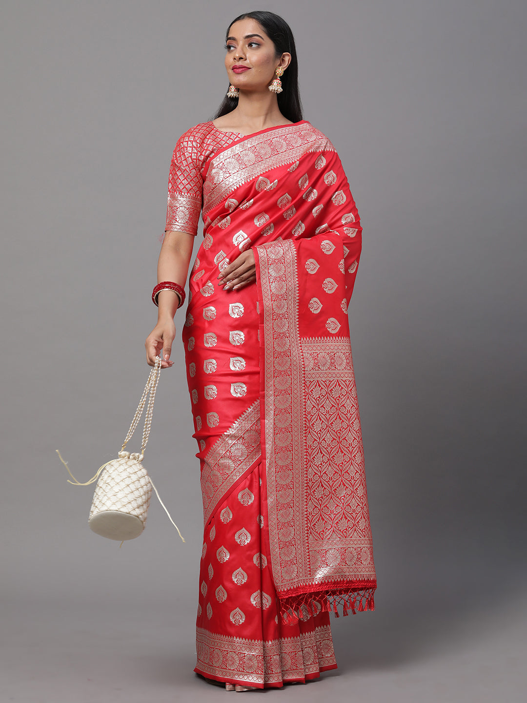 Crimson Weave Silk Blend Red Woven Saree with Blouse Piece