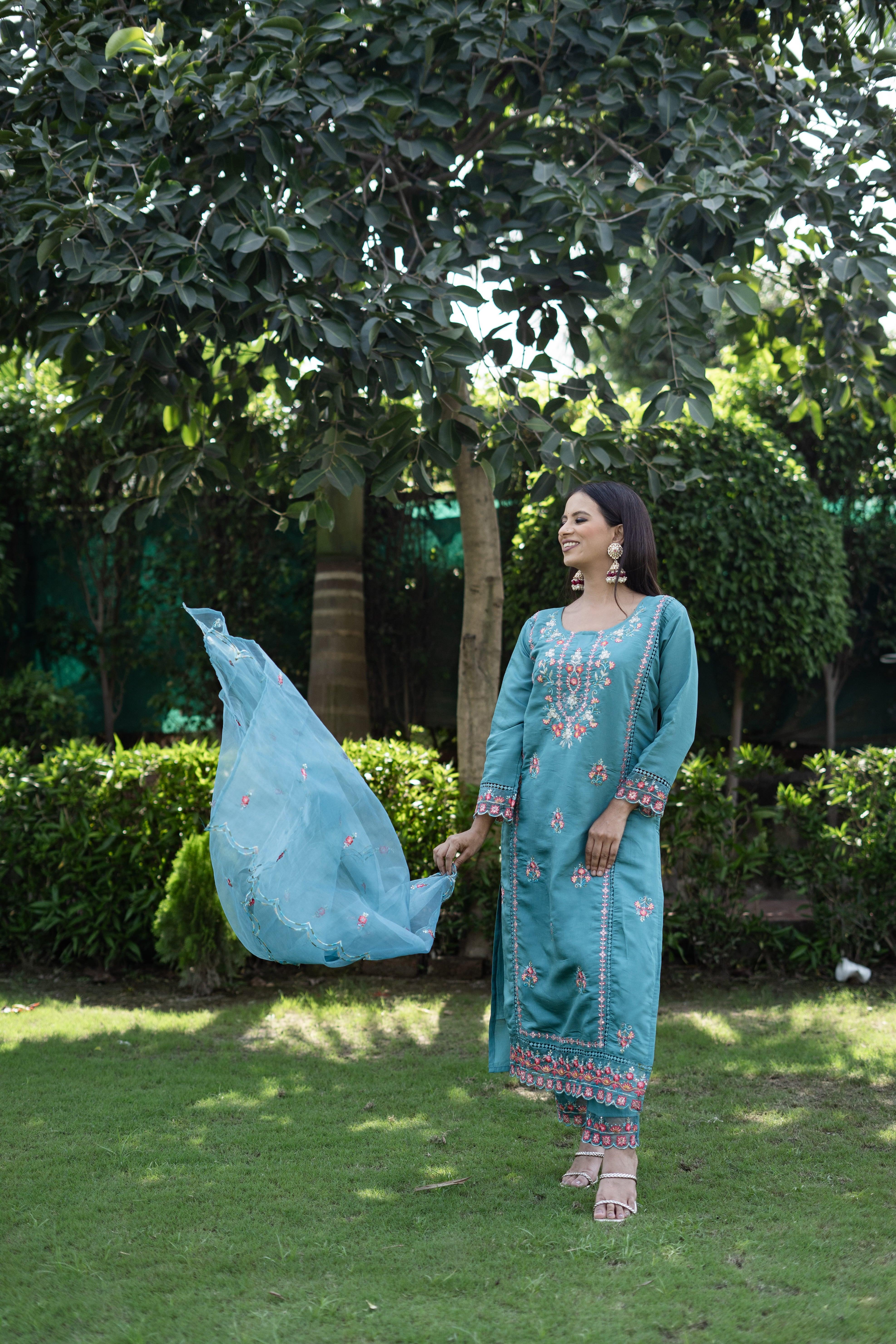 Elegant Sky Blue Roman Silk Embroidered Kurta Set with Dupatta( Set of 3) - Vanika