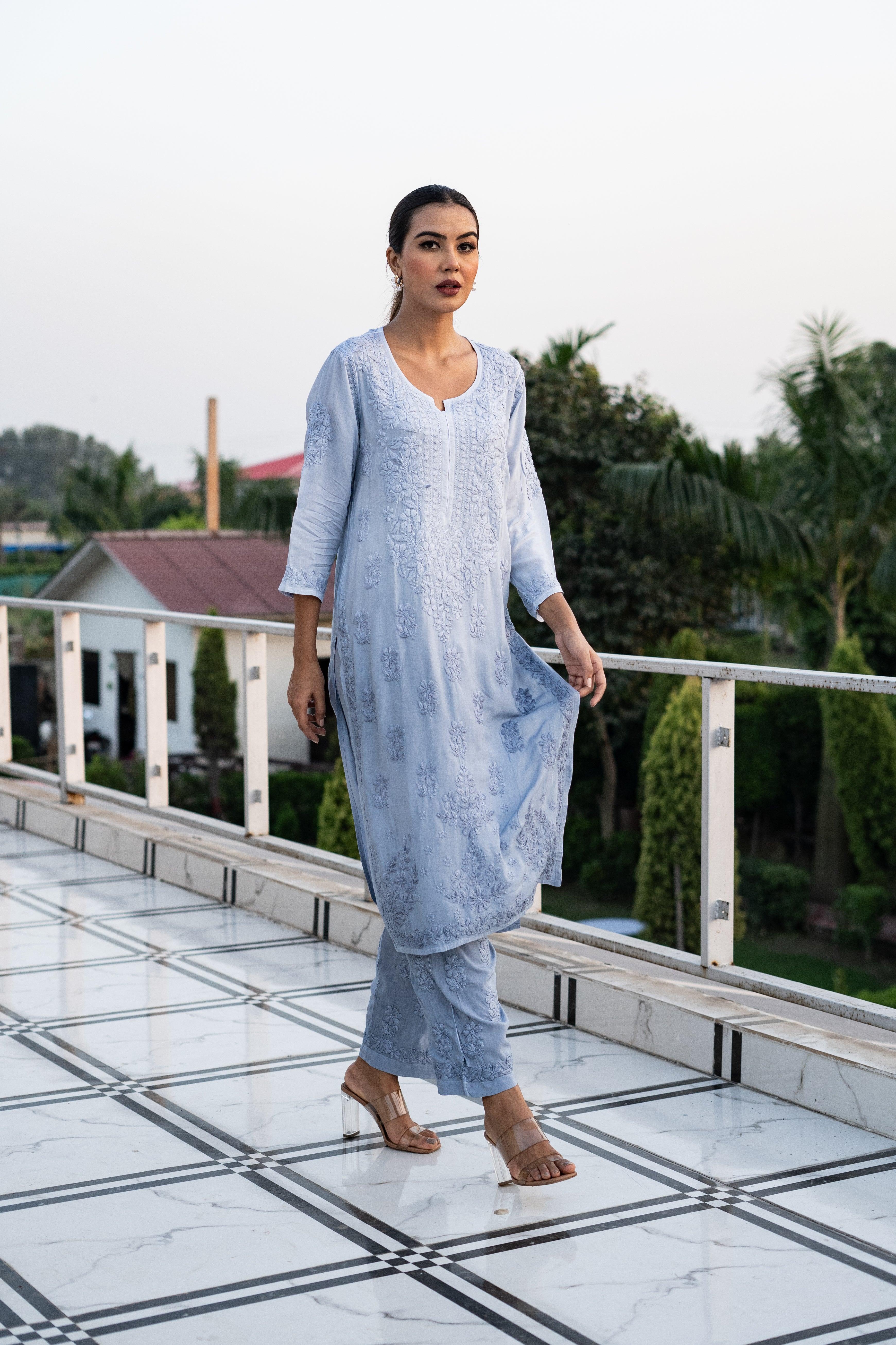 Cotton Modal Ombre Chikankari Solid Women's 2 PC Long Kurta Set – Baby Blue - Vanika
