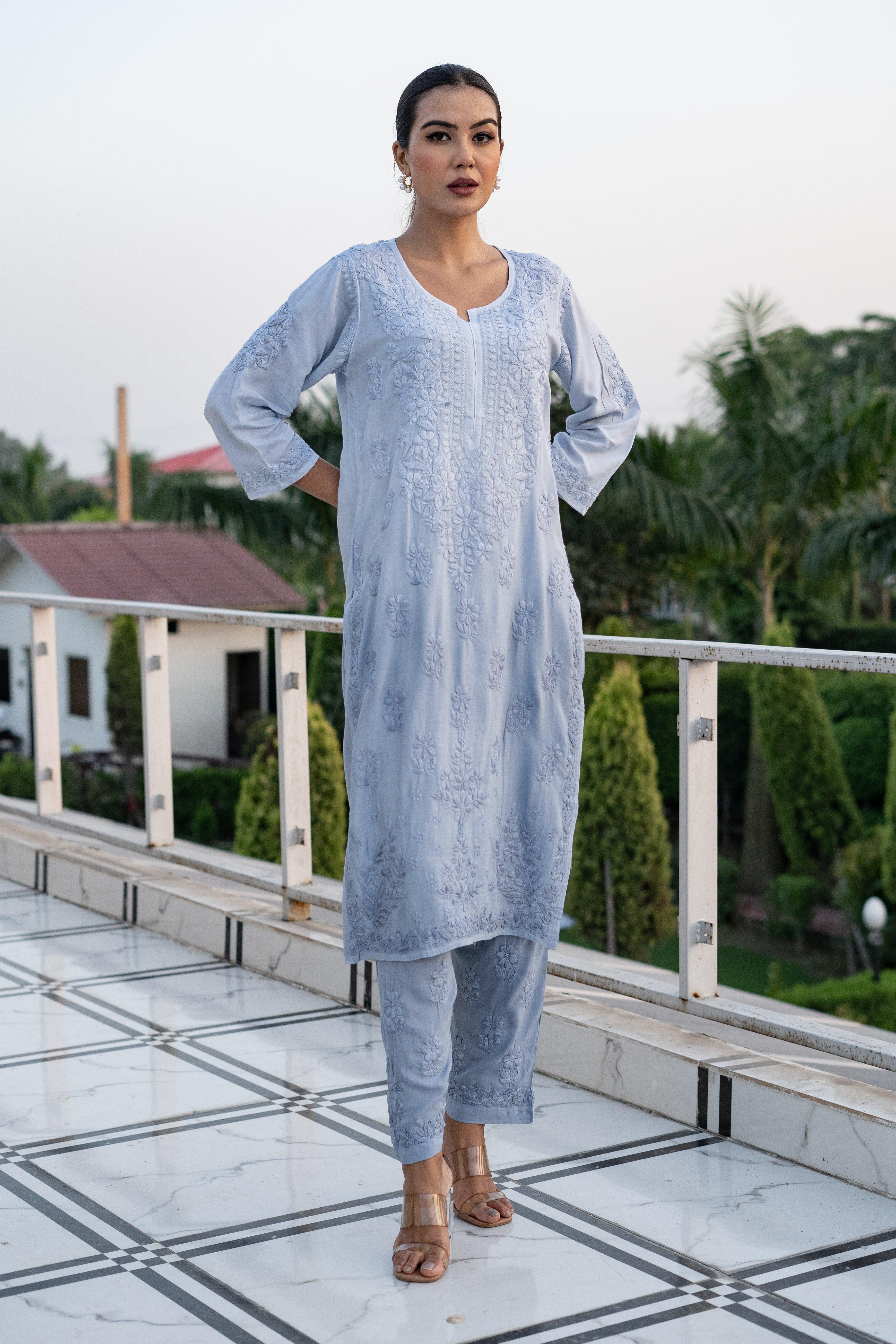 Cotton Modal Ombre Chikankari Solid Women's 2 PC Long Kurta Set – Baby Blue - Vanika