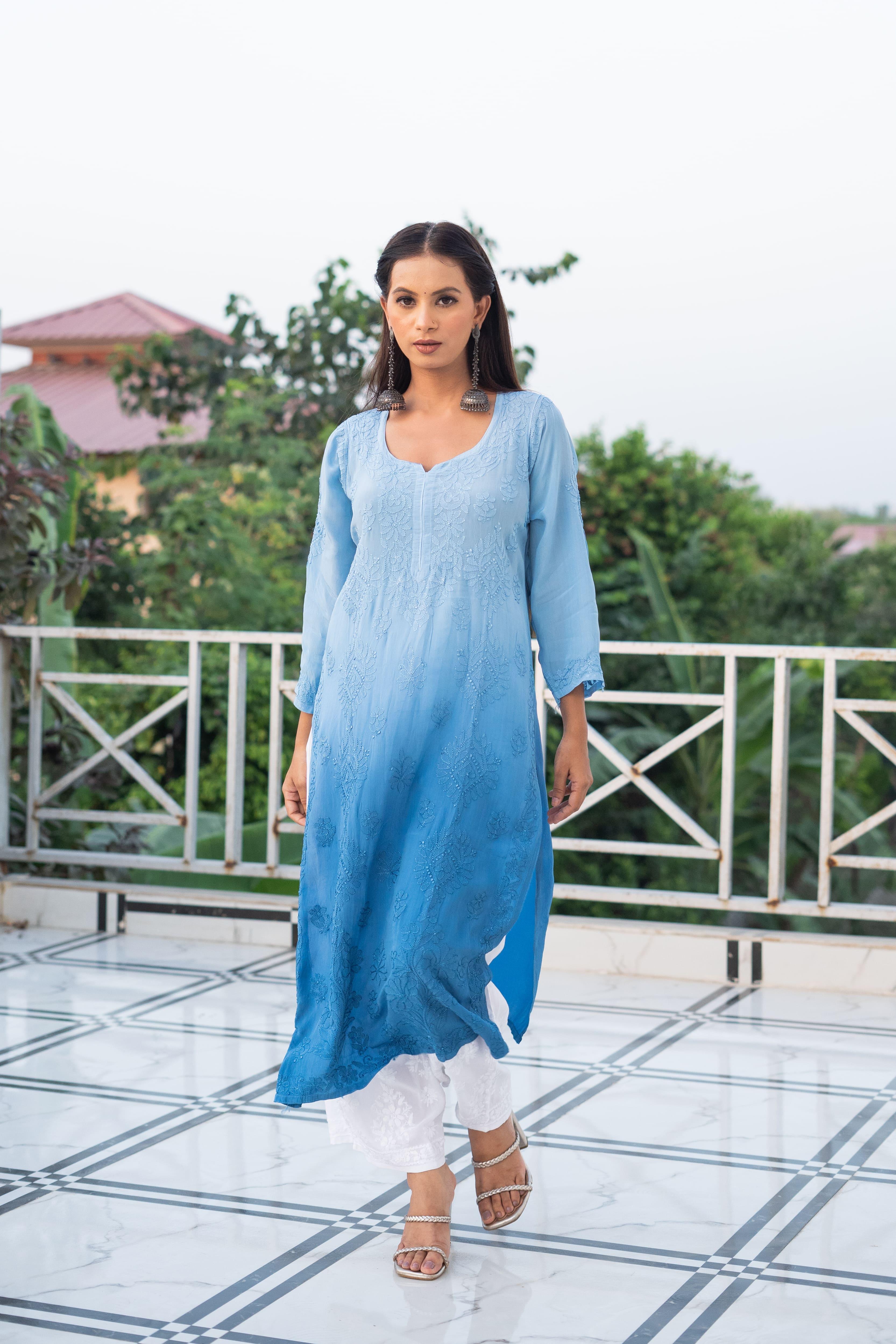 Majestic Blue Pure Crepe Hand-Embroidered Ombre Chikankari Kurta - Vanika