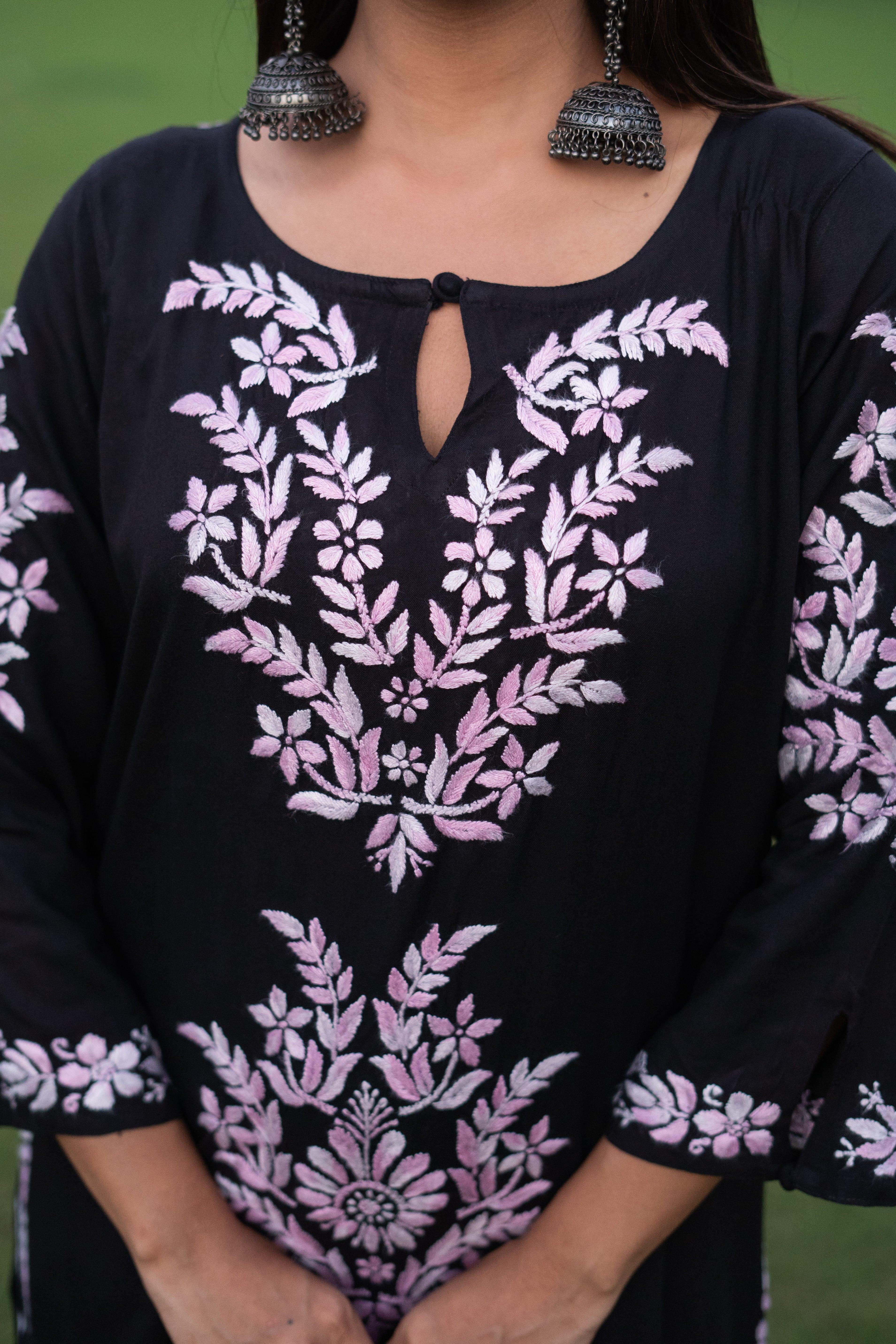 Rayon chikankari hand embroidered long kurta- Black - Vanika