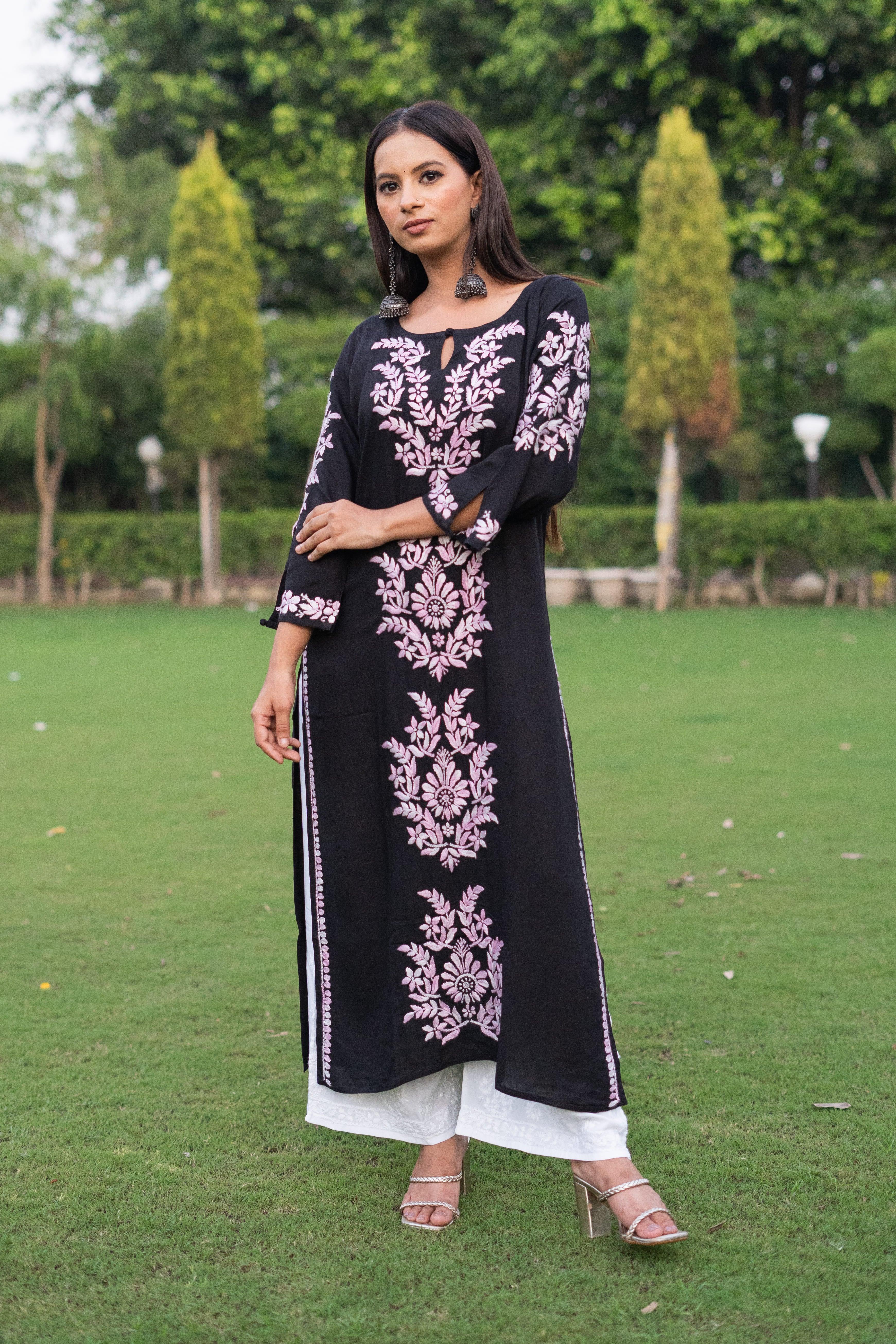 Rayon chikankari hand embroidered long kurta- Black - Vanika