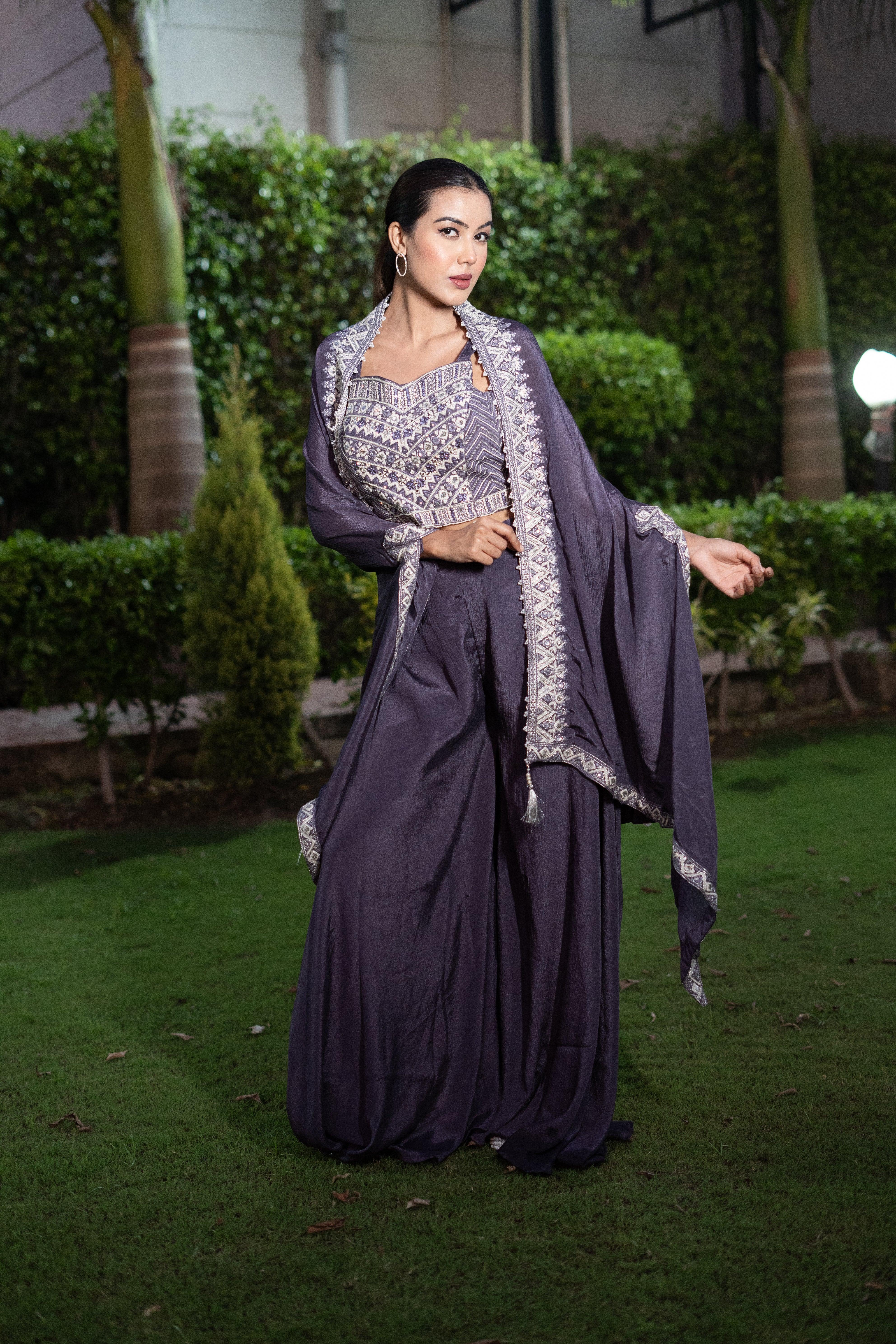 Royal Purple Embroidered Indo-Western Set (Set of 2) - Vanika