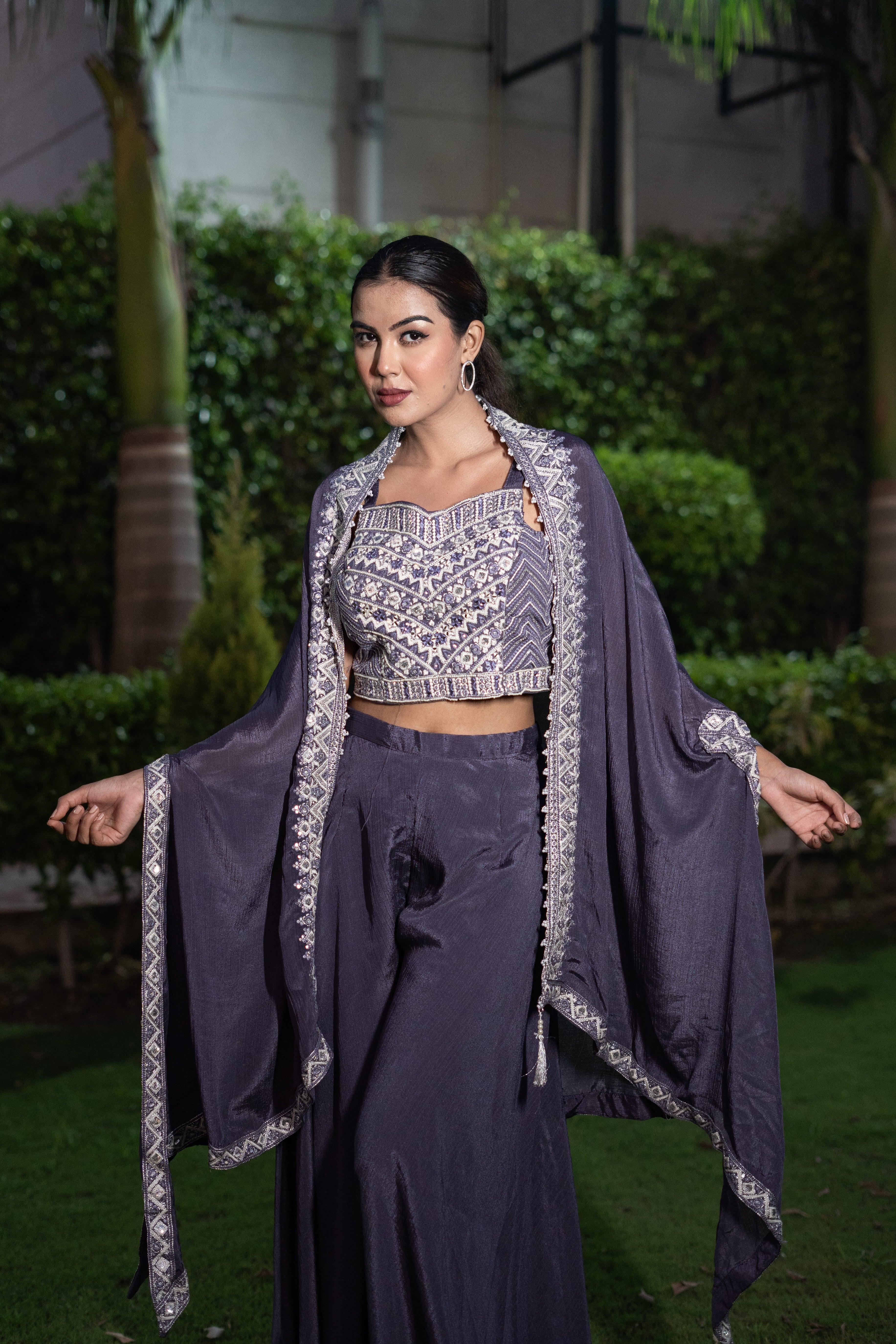 Royal Purple Embroidered Indo-Western Set (Set of 2) - Vanika