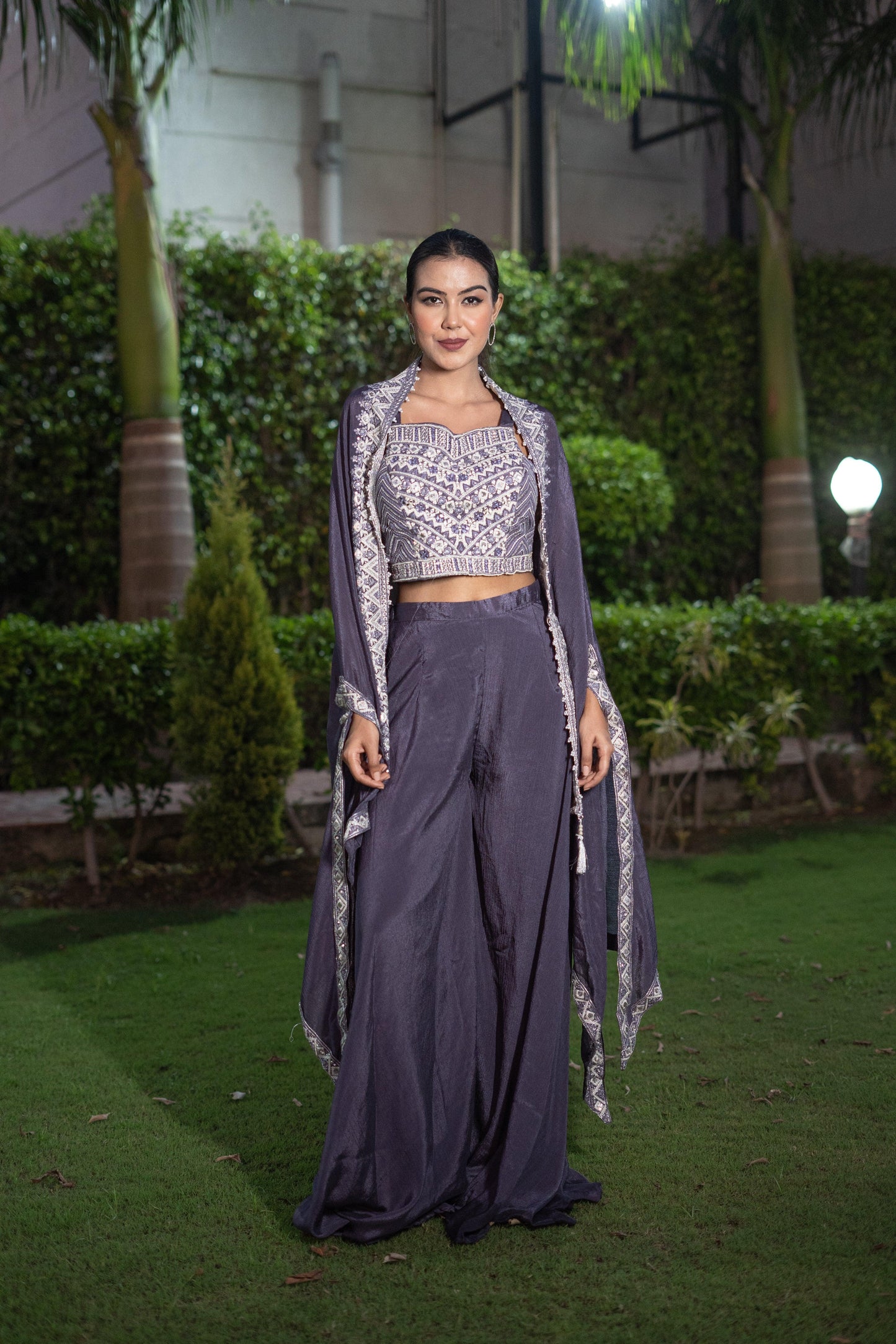 Royal Purple Embroidered Indo-Western Set (Set of 2) - Vanika