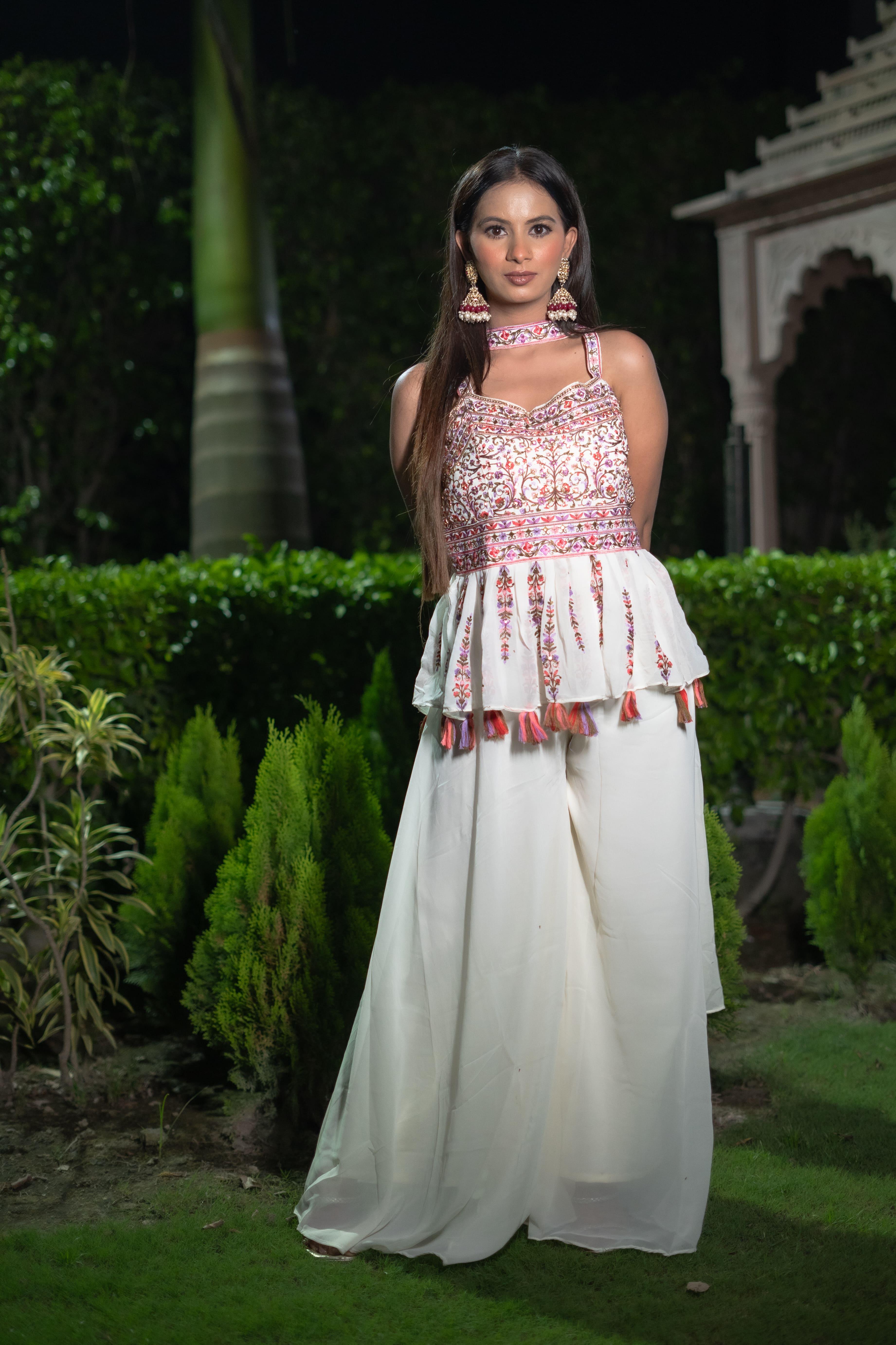 Graceful White Indo-Western Fusion Set with Colorful Embellishments(Set of 3) - Vanika