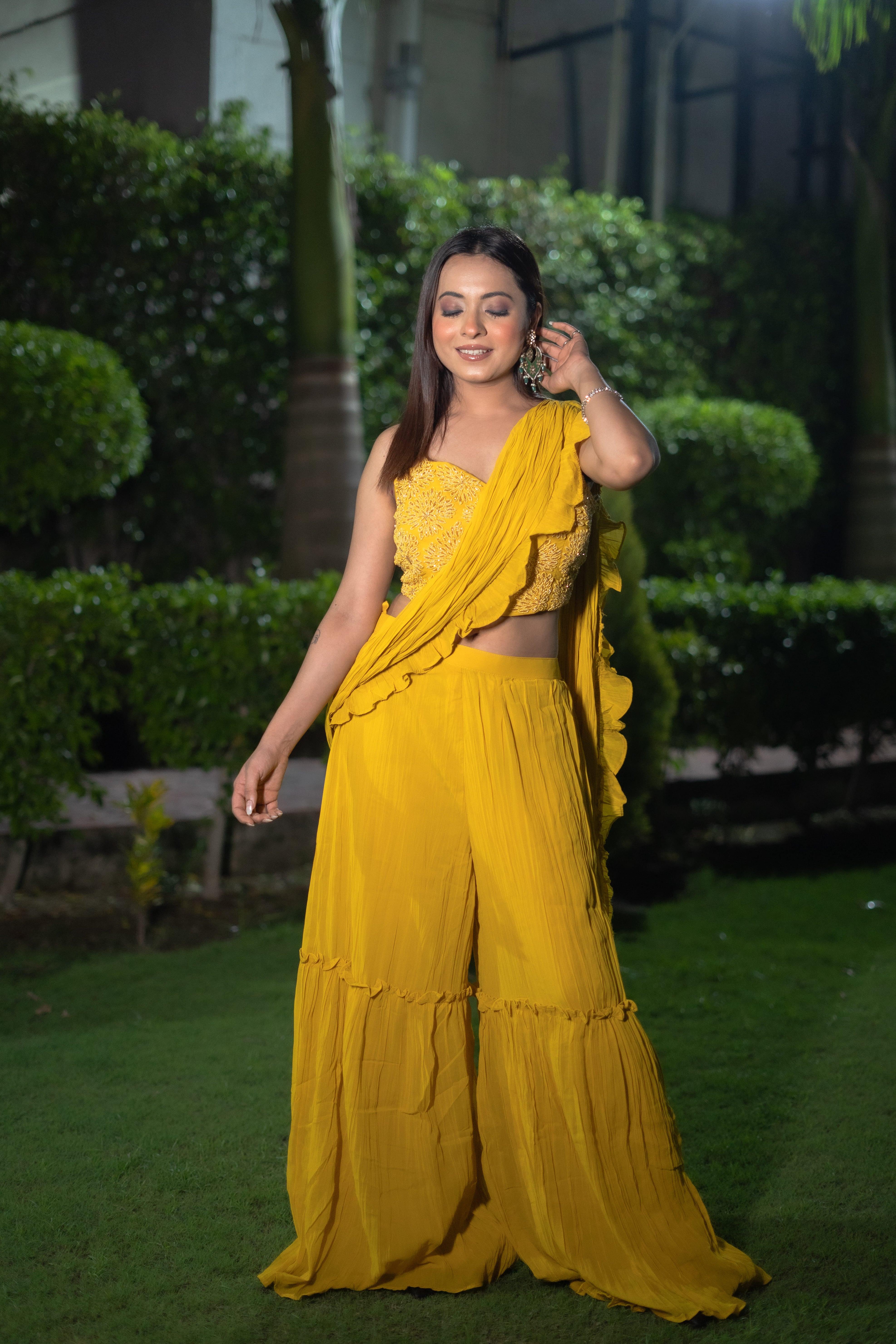 Vibrant Yellow Indo-Western Ensemble with Exquisite Hand Work( Set of 3) - Vanika