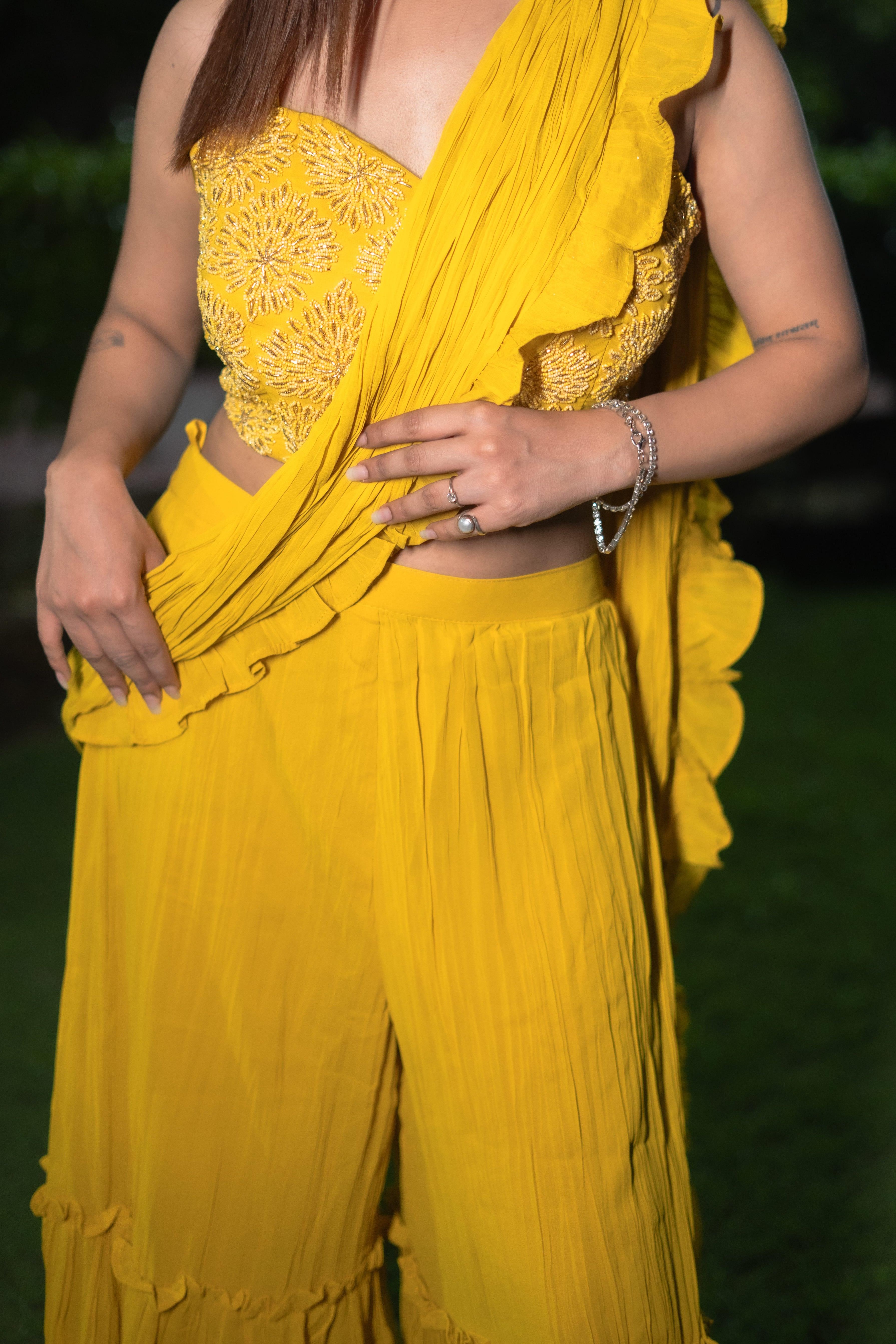 Vibrant Yellow Indo-Western Ensemble with Exquisite Hand Work( Set of 3) - Vanika