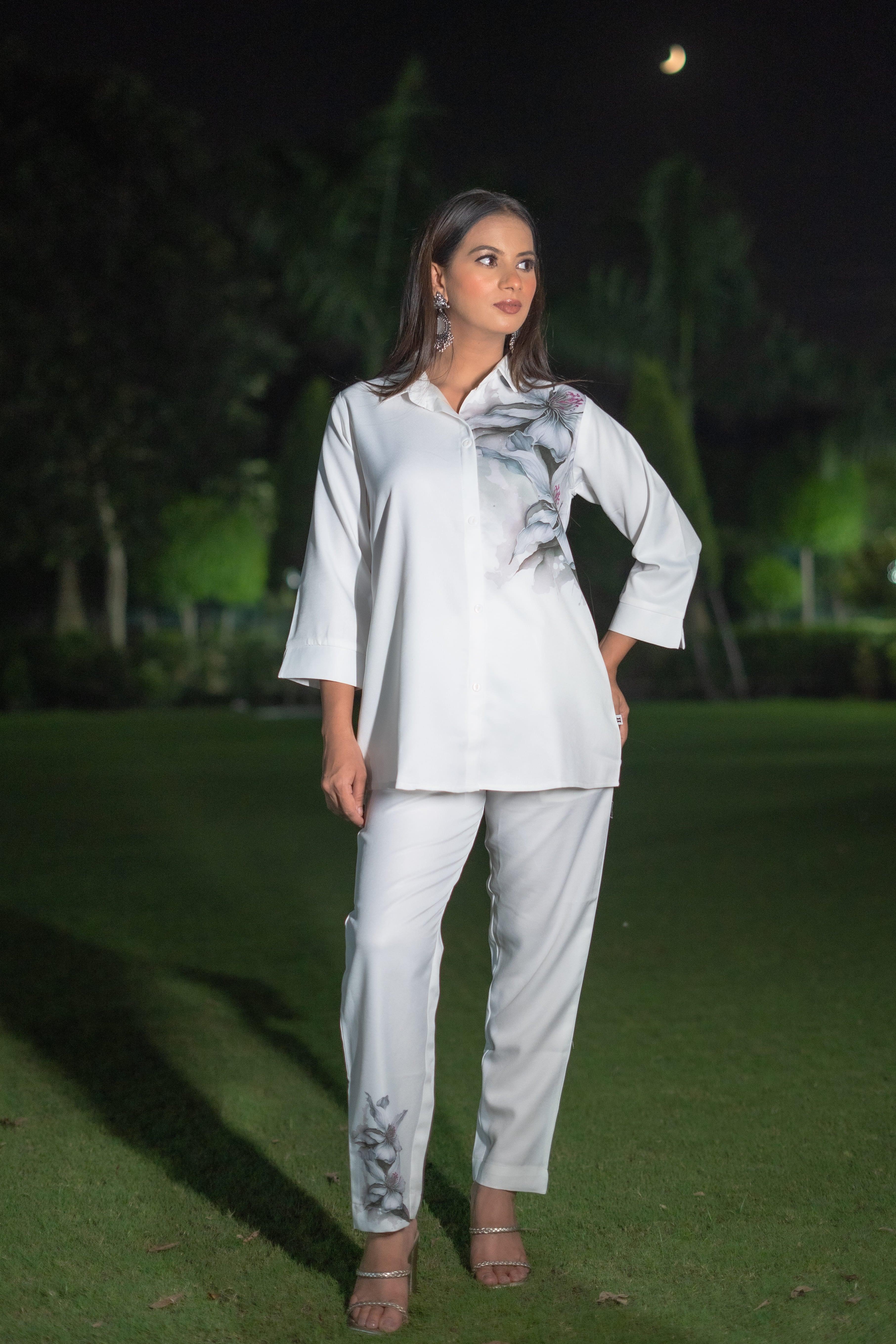 Chic White Floral Print Co-ord Set with Button-Down Shirt and Tapered Pants (Set of 2) - Vanika