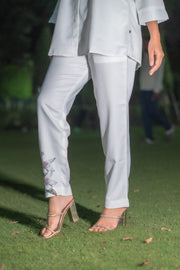 Chic White Floral Print Co-ord Set with Button-Down Shirt and Tapered Pants (Set of 2) - Vanika