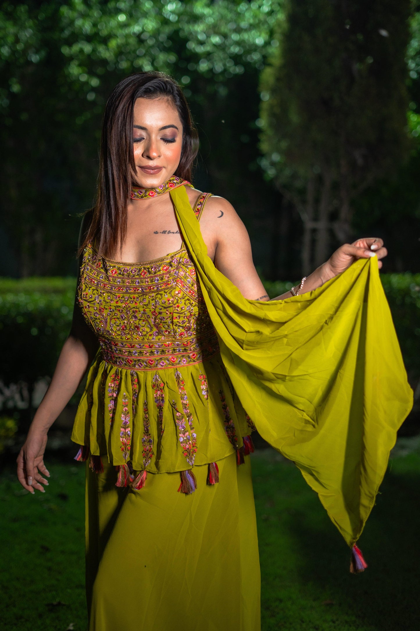 Lime Glow Indo-Western Fusion Set(Set of 3) - Vanika