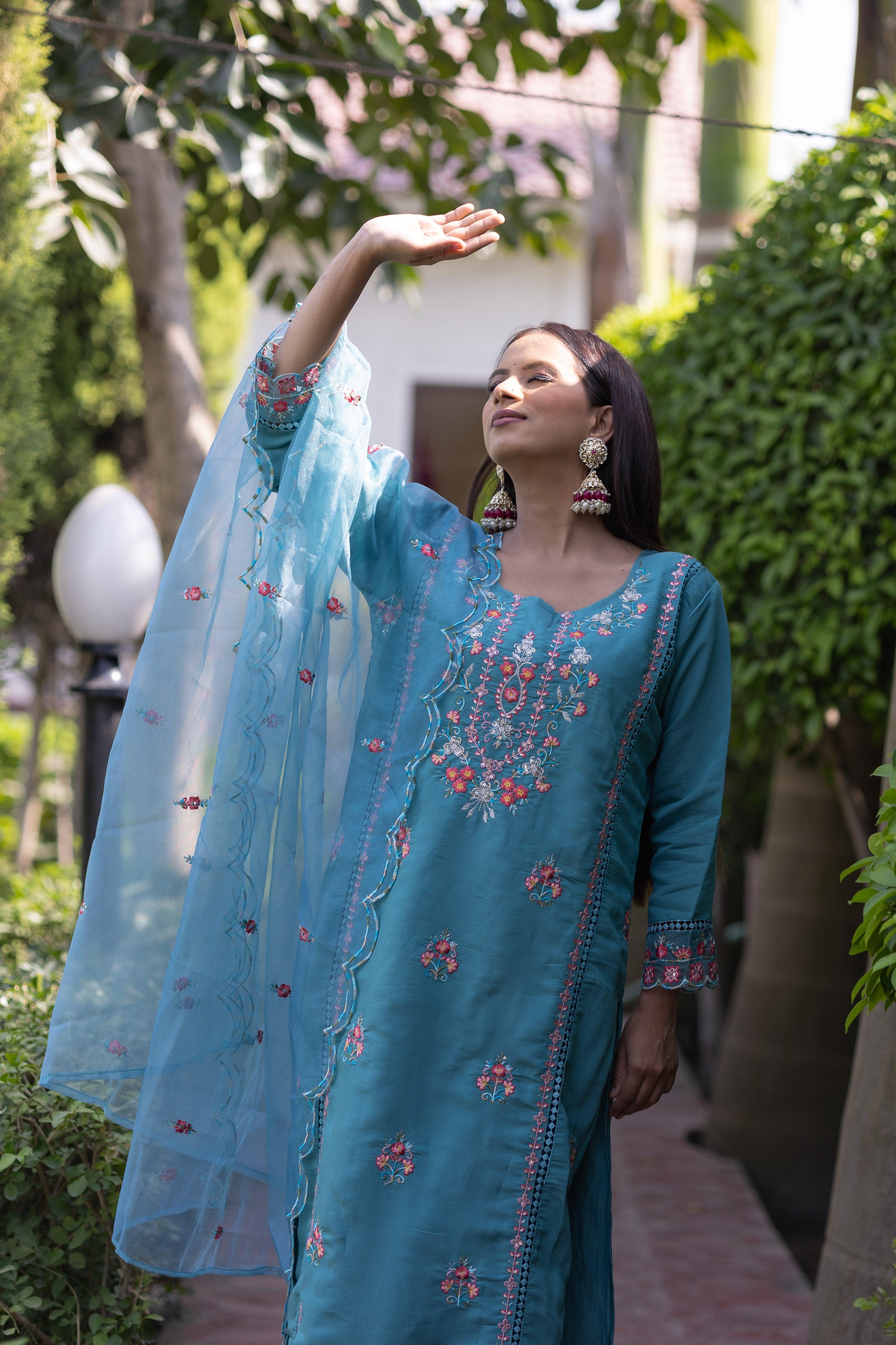Elegant Sky Blue Roman Silk Embroidered Kurta Set with Dupatta( Set of 3) - Vanika