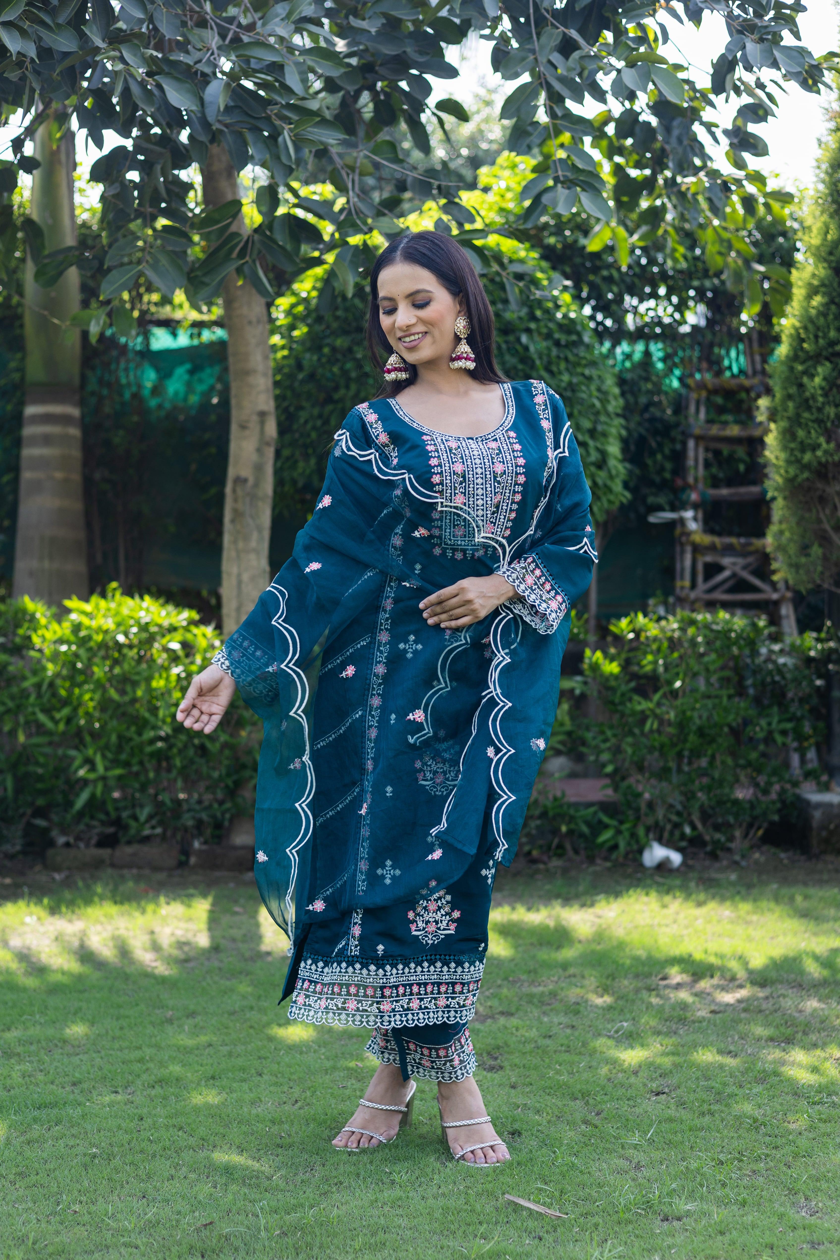 Majestic Blue Roman Silk Kurta Set with Floral Embroidery and Dupatta(Set of 3) - Vanika