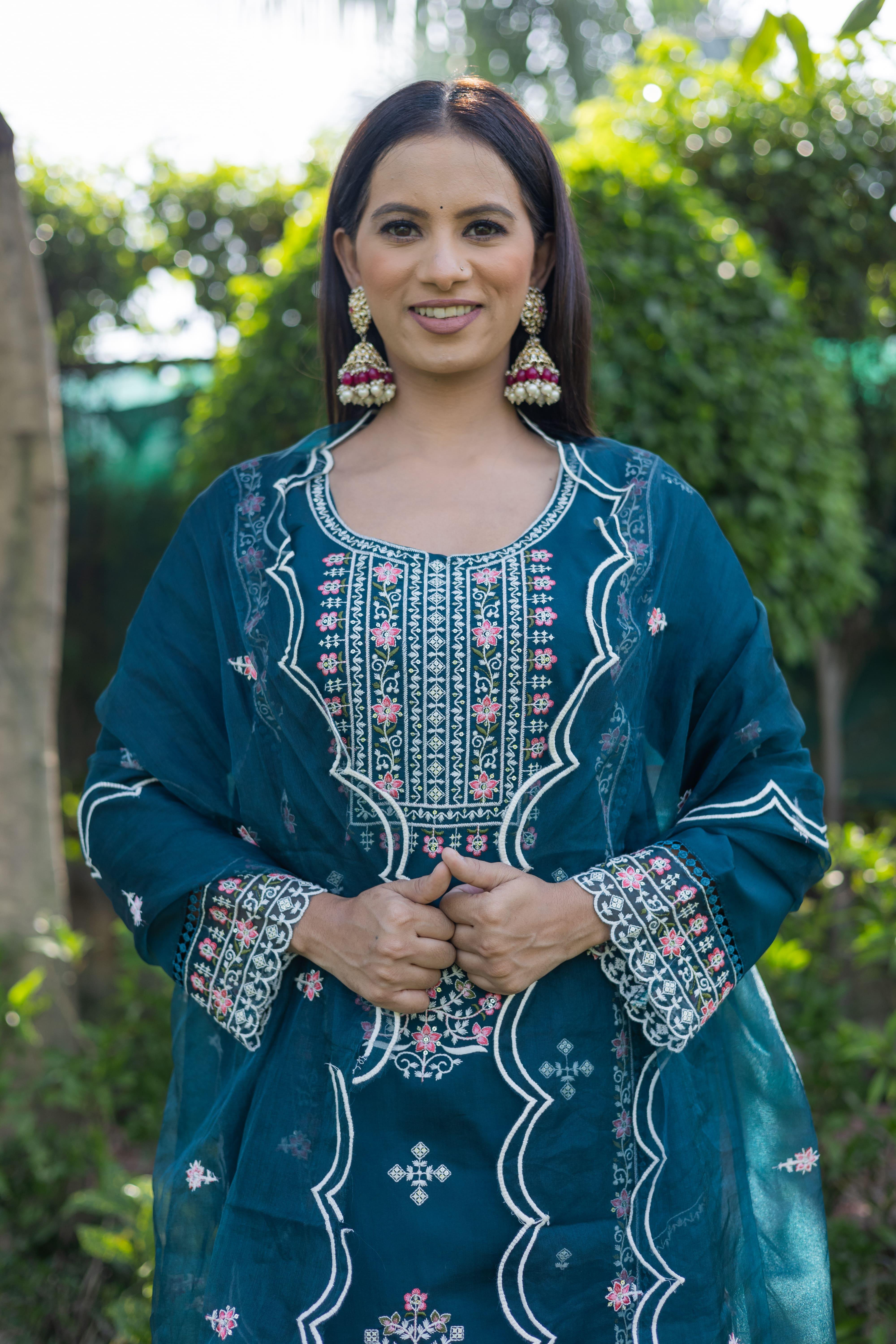 Majestic Blue Roman Silk Kurta Set with Floral Embroidery and Dupatta(Set of 3) - Vanika