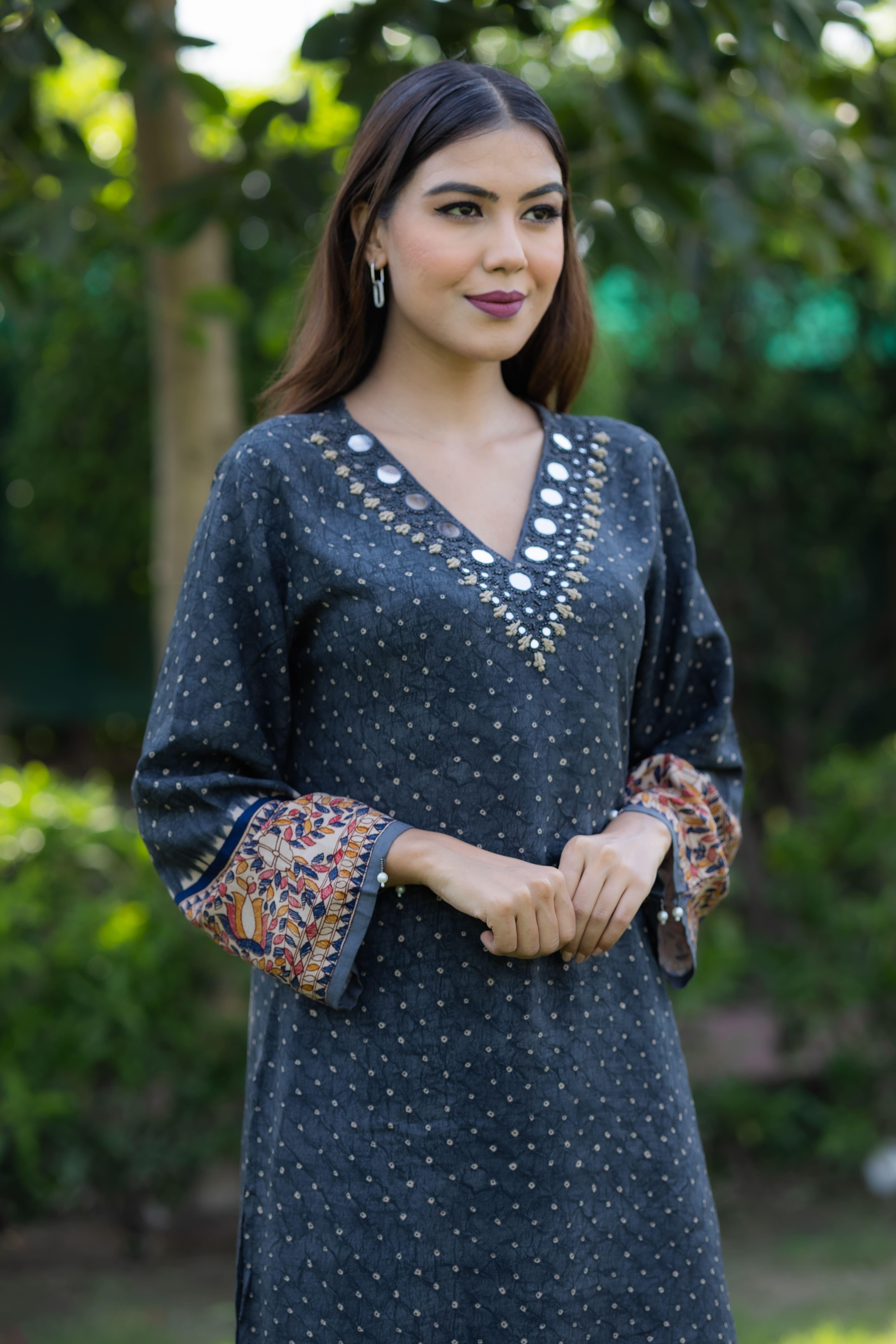 Elegant Black Printed Co-ord Set with Mirror Work (Set of 2) - Vanika
