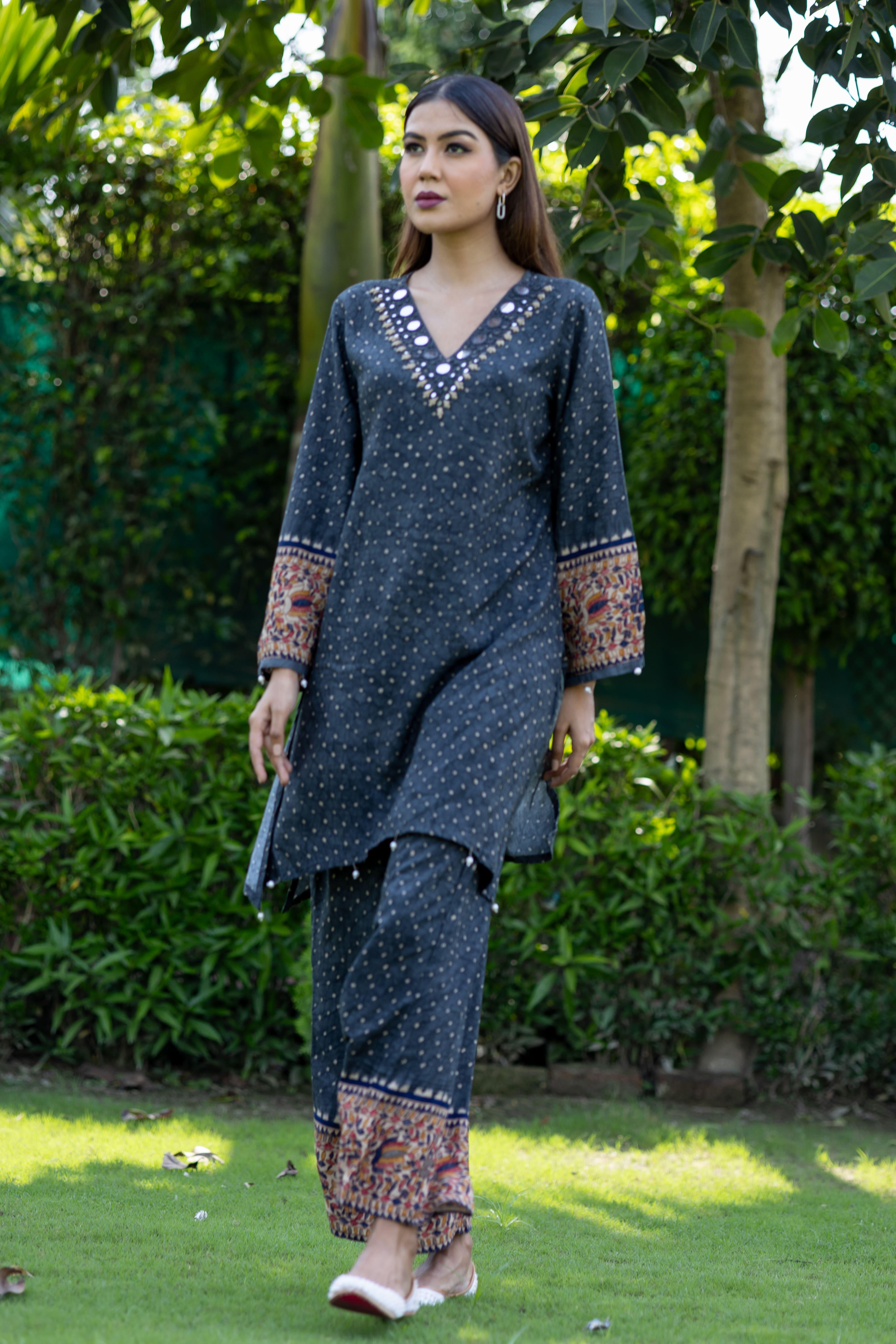 Elegant Black Printed Co-ord Set with Mirror Work (Set of 2) - Vanika