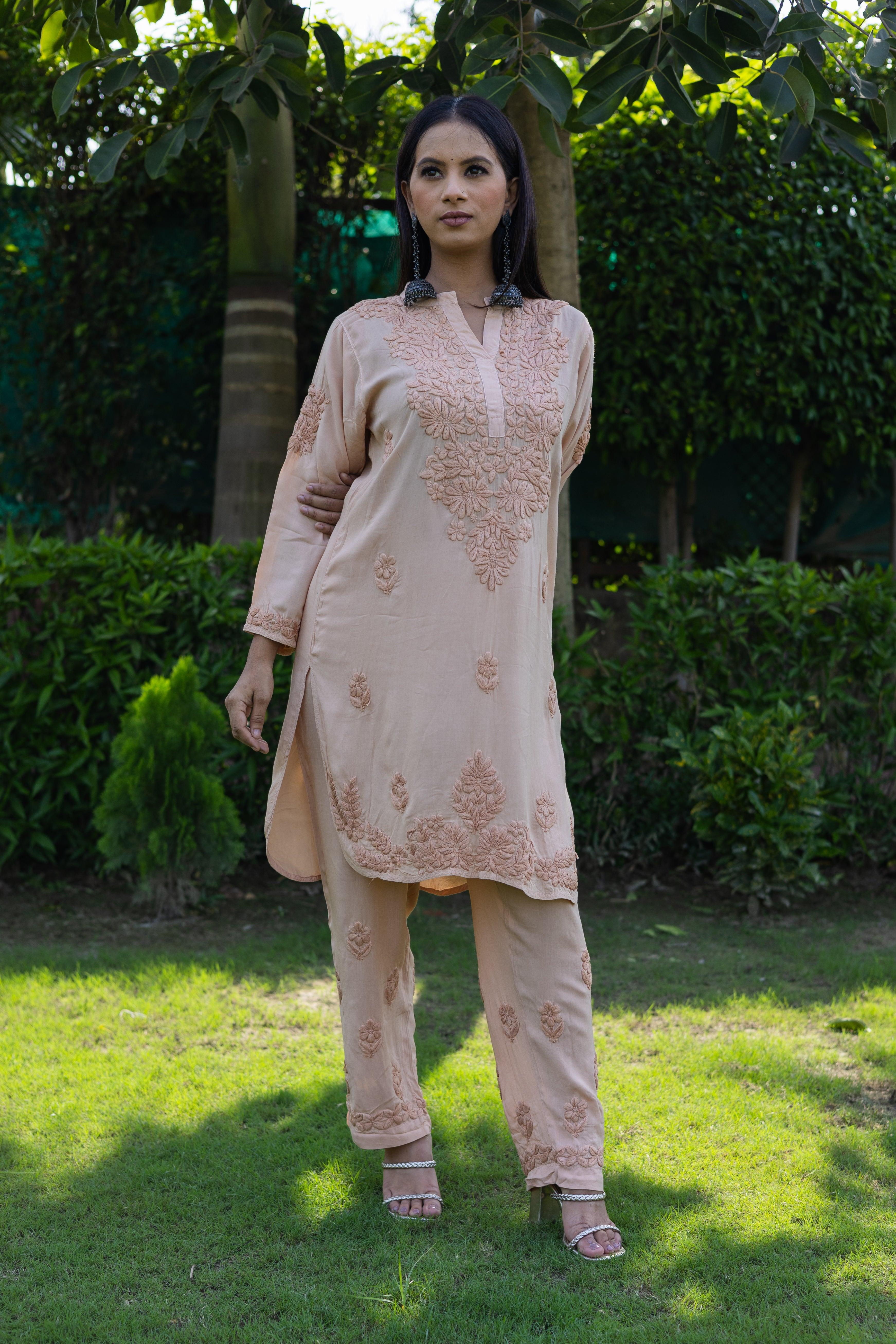 Beige Modal Chikankari Solid Women's 2 PC Short Kurta Set - Vanika