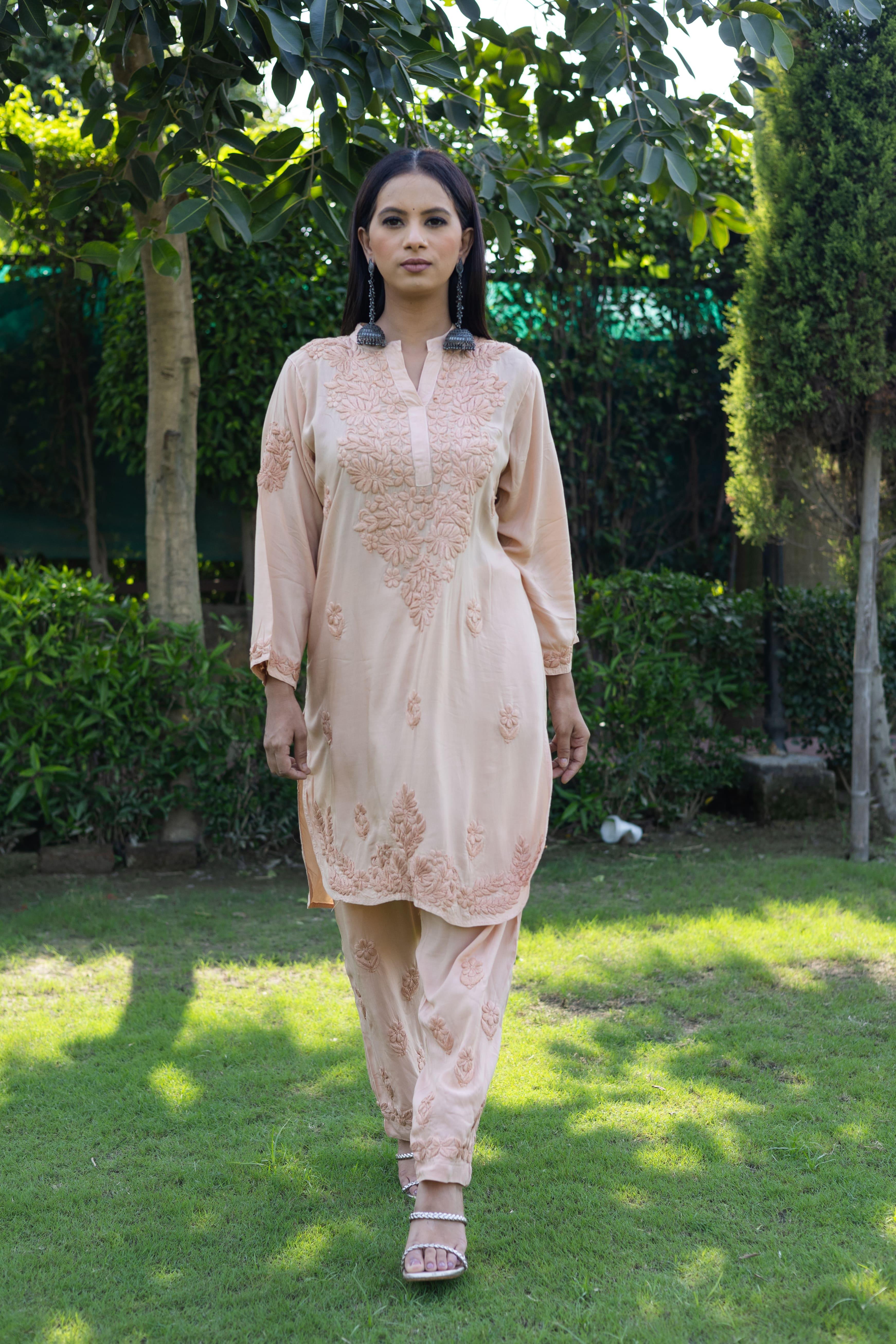 Beige Modal Chikankari Solid Women's 2 PC Short Kurta Set - Vanika