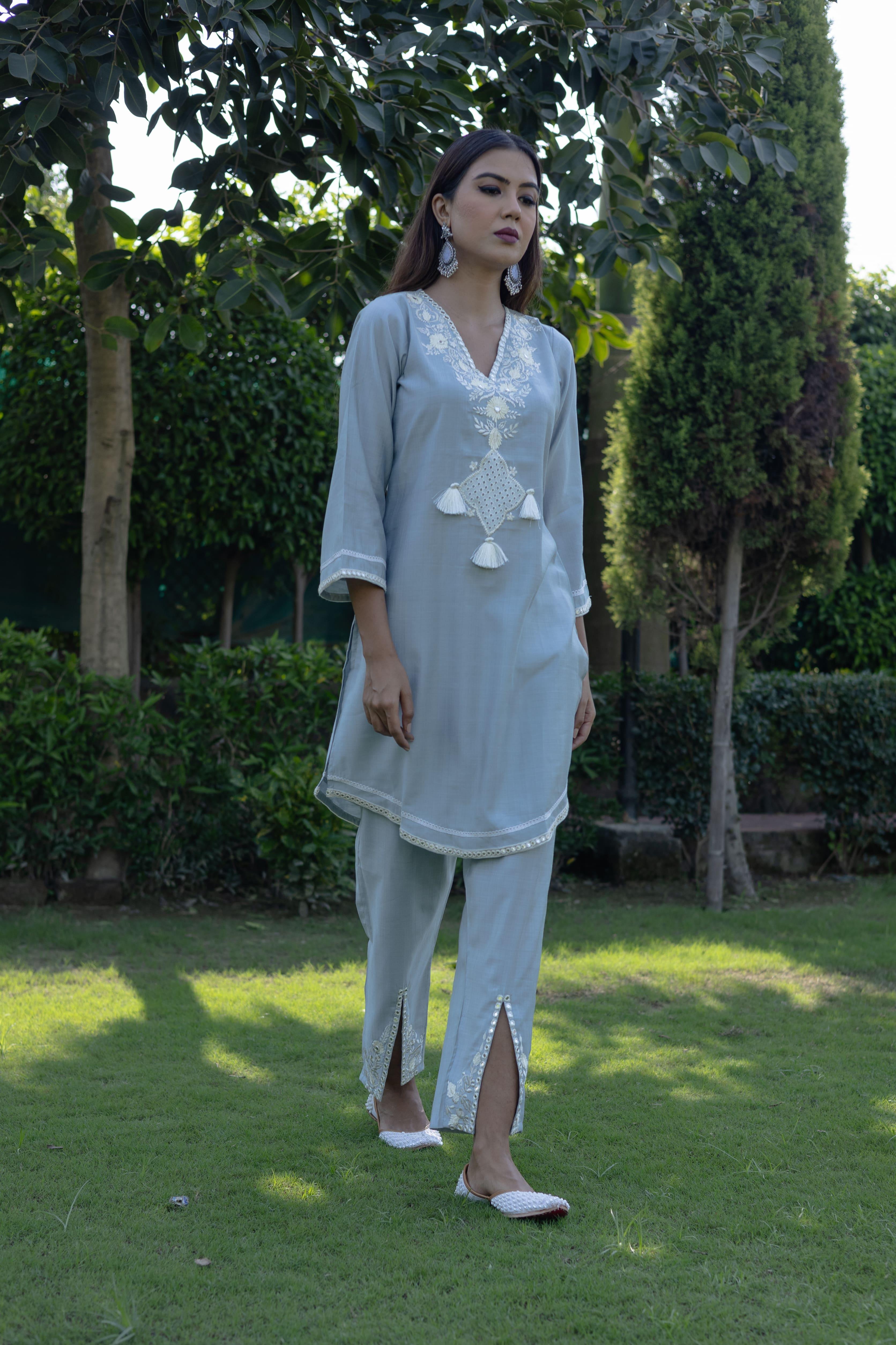 Light Blue Co-ord Set with White Embroidery and Tassel Accents (Set of 2) - Vanika