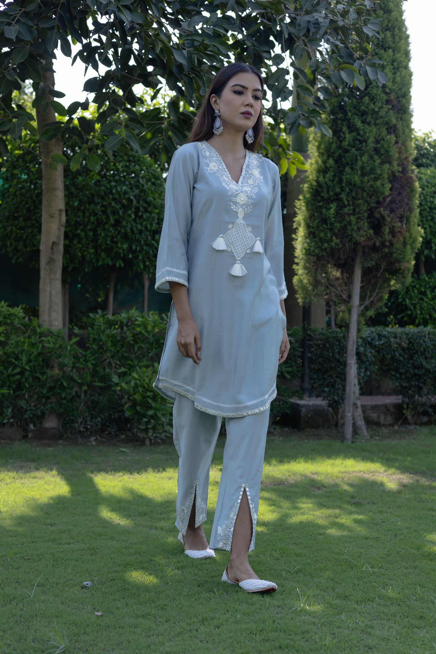 Light Blue Co-ord Set with White Embroidery and Tassel Accents (Set of 2) - Vanika