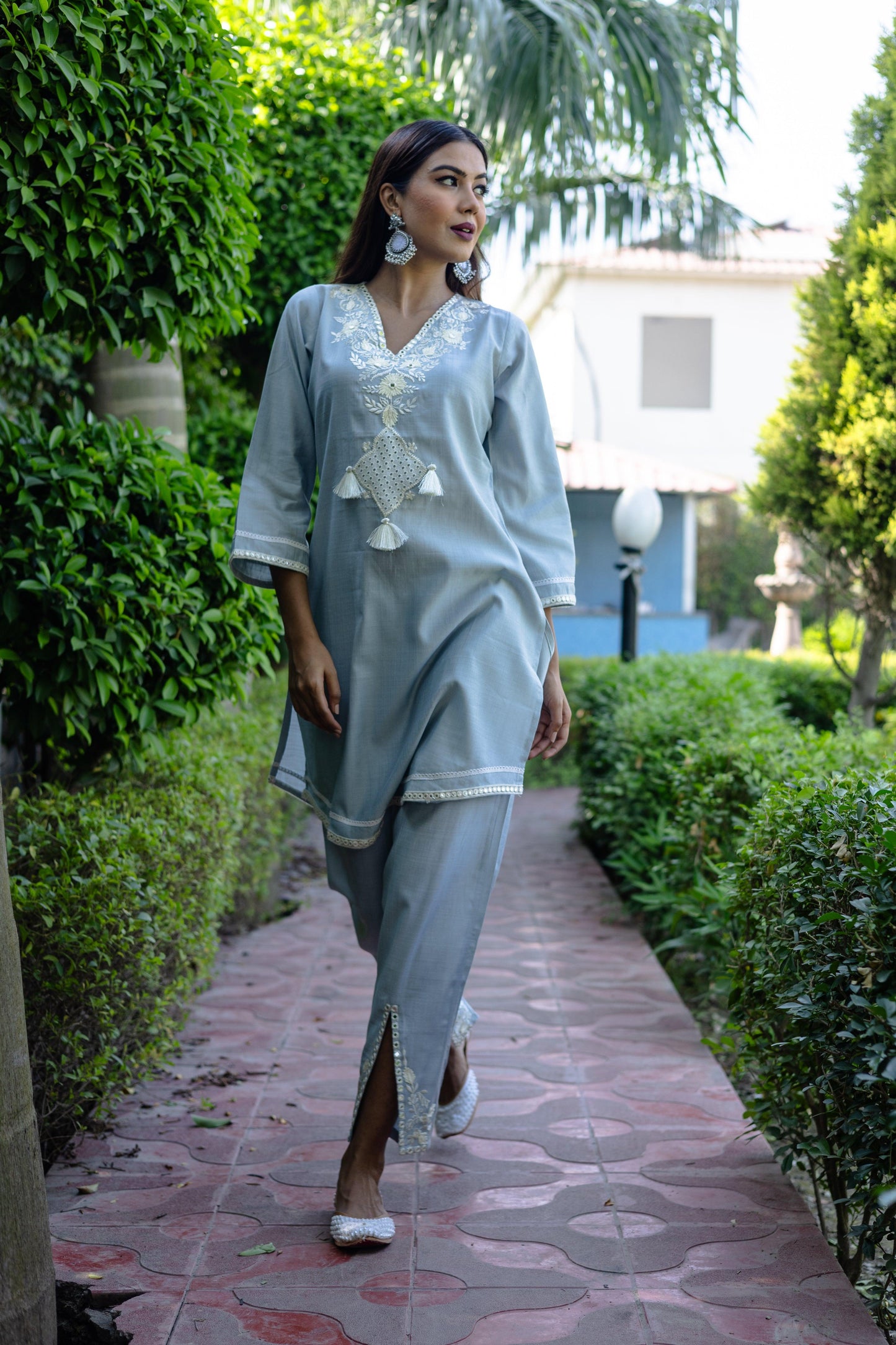 Light Blue Co-ord Set with White Embroidery and Tassel Accents (Set of 2) - Vanika