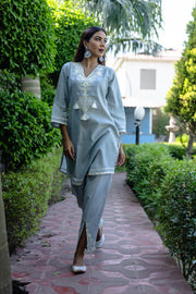 Light Blue Co-ord Set with White Embroidery and Tassel Accents (Set of 2) - Vanika