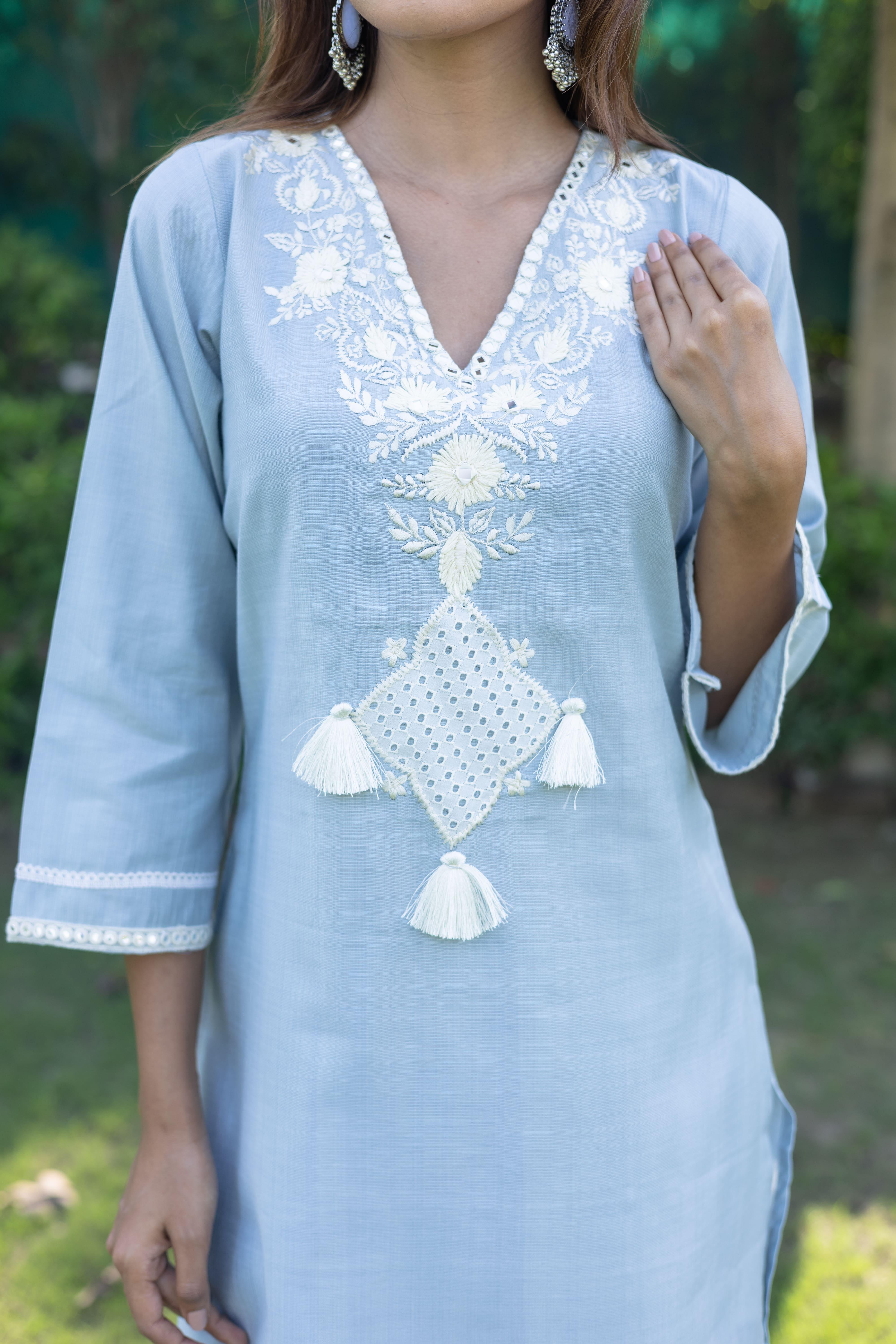 Light Blue Co-ord Set with White Embroidery and Tassel Accents (Set of 2) - Vanika