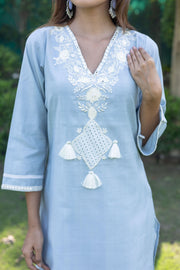 Light Blue Co-ord Set with White Embroidery and Tassel Accents (Set of 2) - Vanika