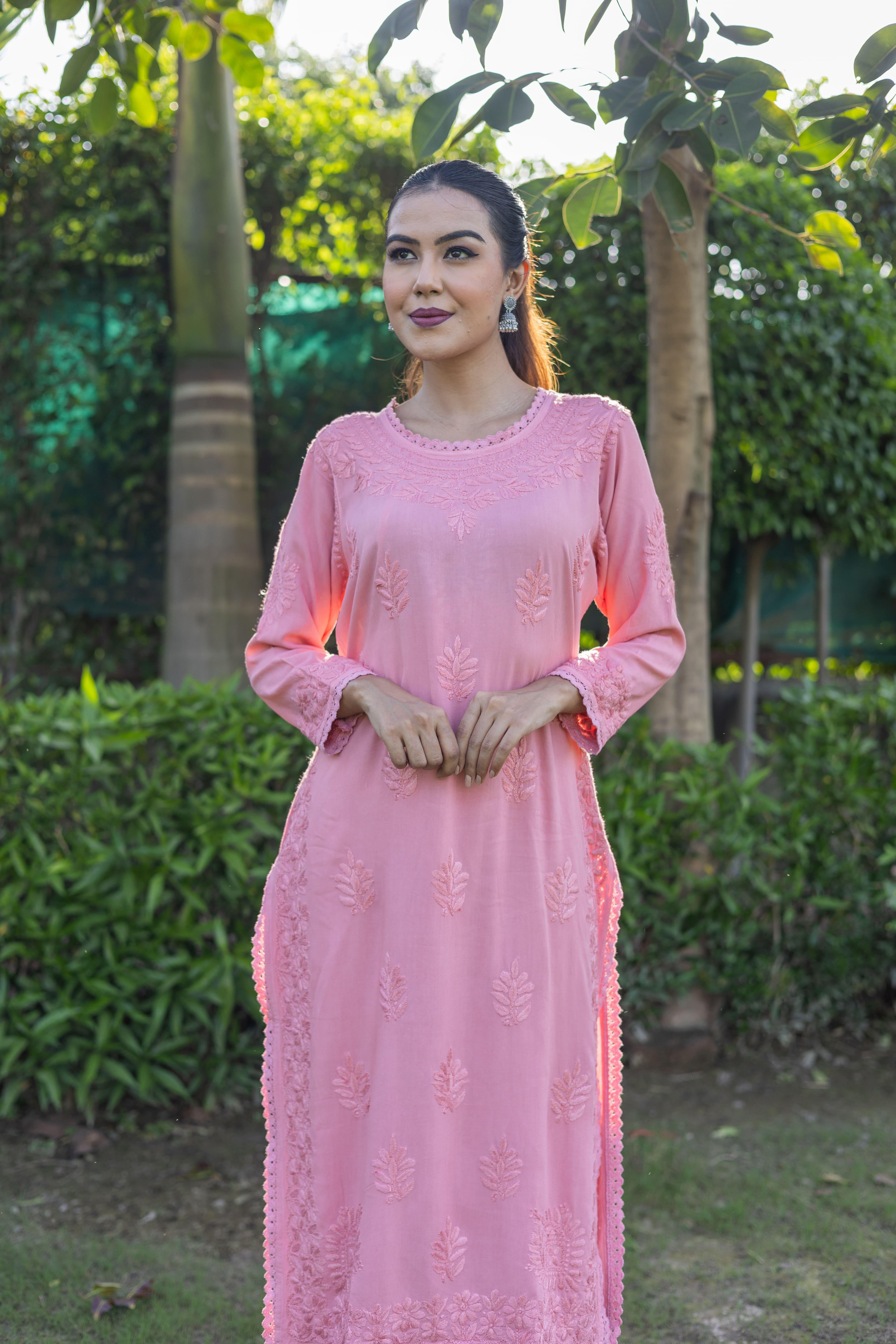 Regal Rose Pink Rayon Cotton Chikankari Kurta with Pathani Salwar (Set of 2) - Vanika