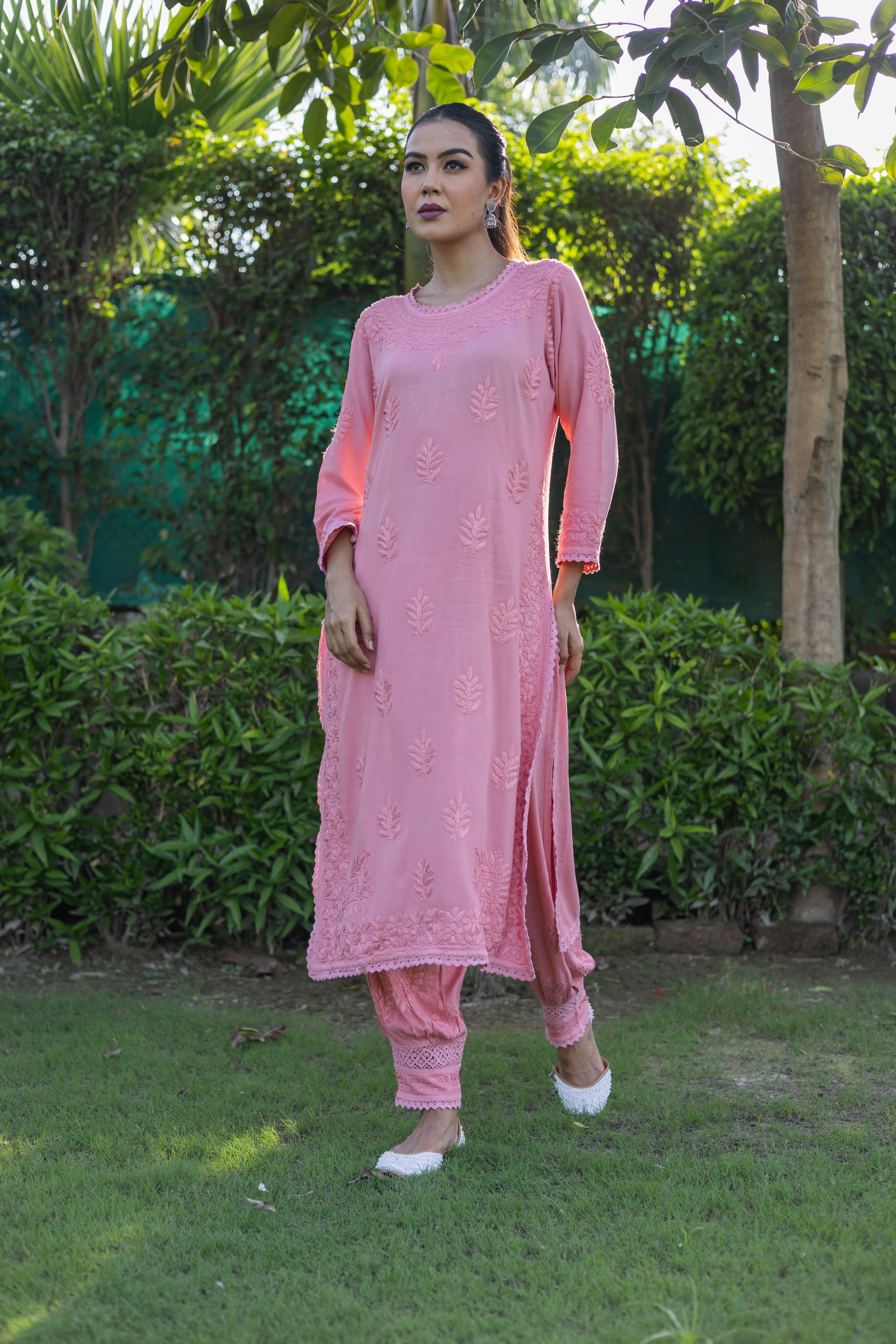 Regal Rose Pink Rayon Cotton Chikankari Kurta with Pathani Salwar (Set of 2) - Vanika