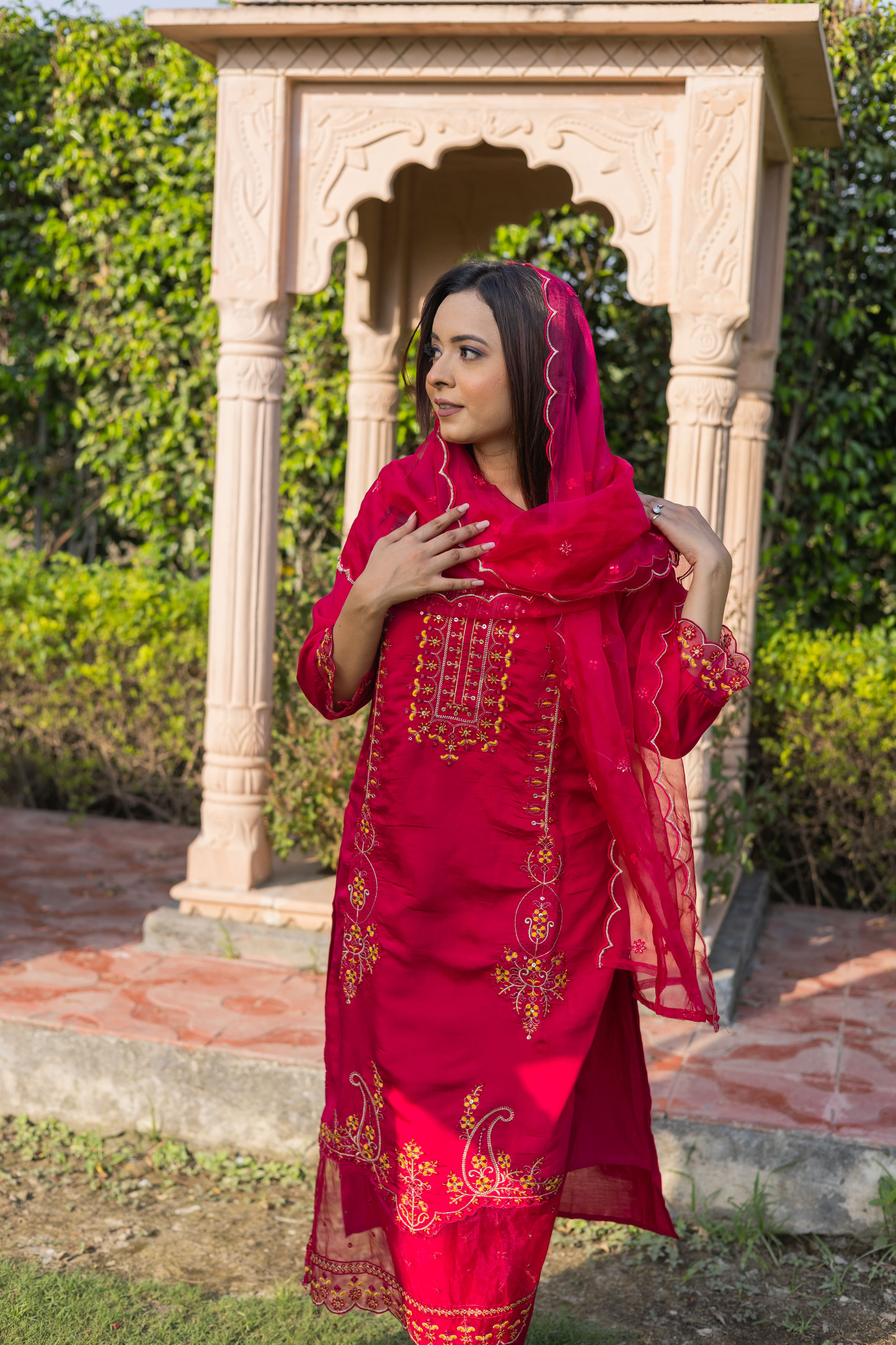 Radiant Red Roman Silk Kurta Set with Embroidered Dupatta( Set of 3) - Vanika