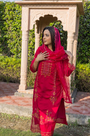 Radiant Red Roman Silk Kurta Set with Embroidered Dupatta( Set of 3) - Vanika
