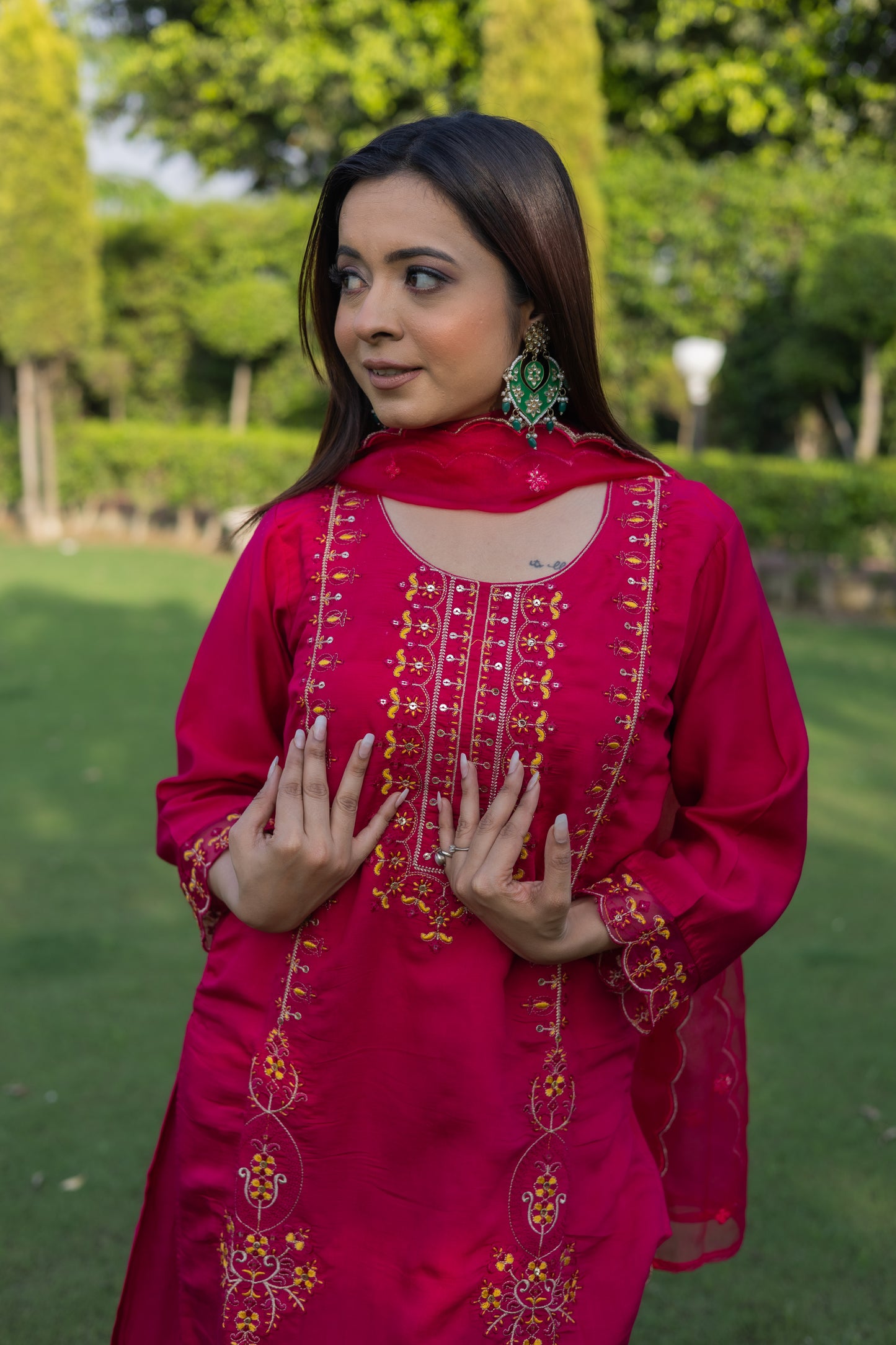 Radiant Red Roman Silk Kurta Set with Embroidered Dupatta( Set of 3) - Vanika