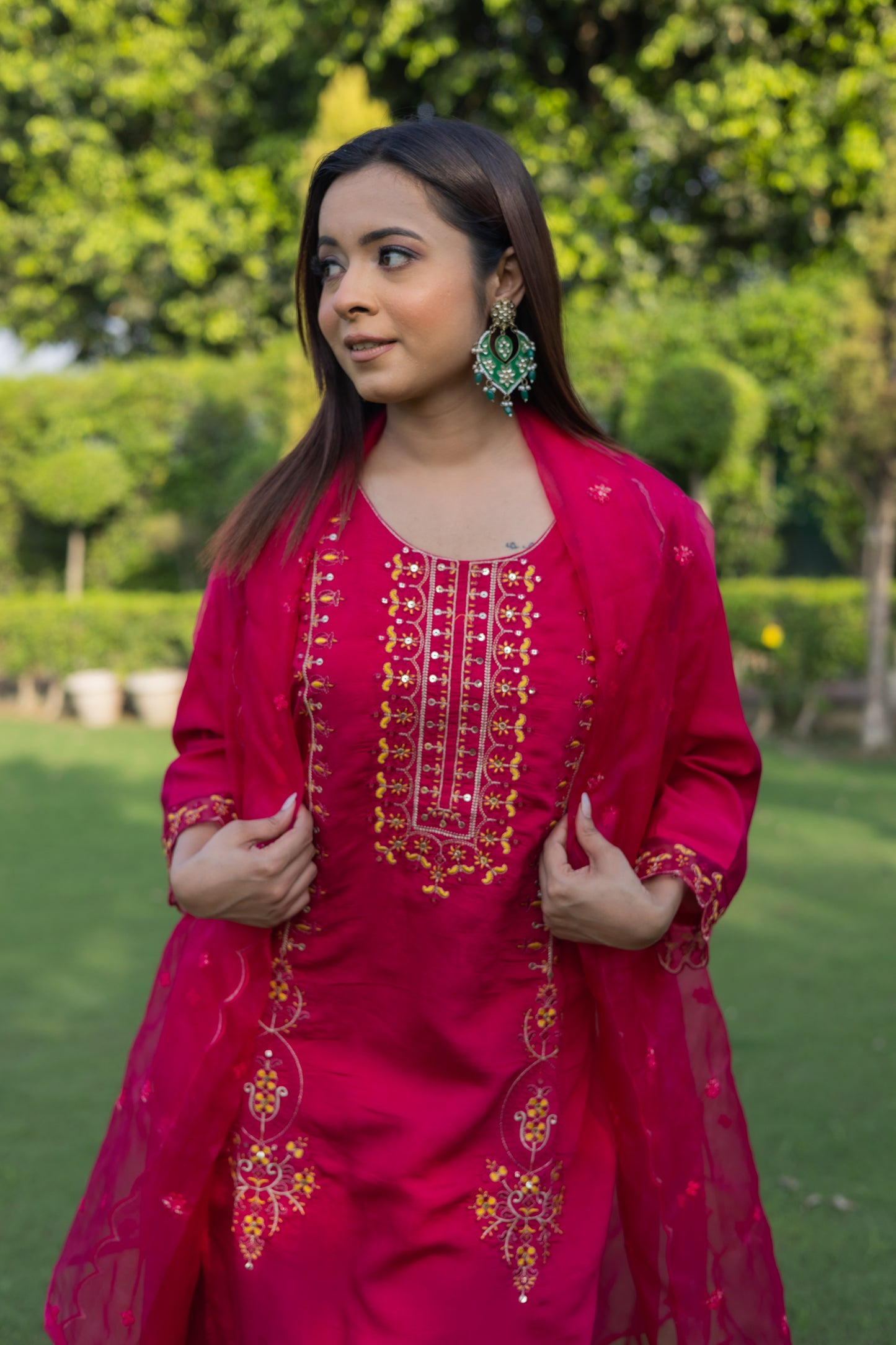 Radiant Red Roman Silk Kurta Set with Embroidered Dupatta( Set of 3) - Vanika