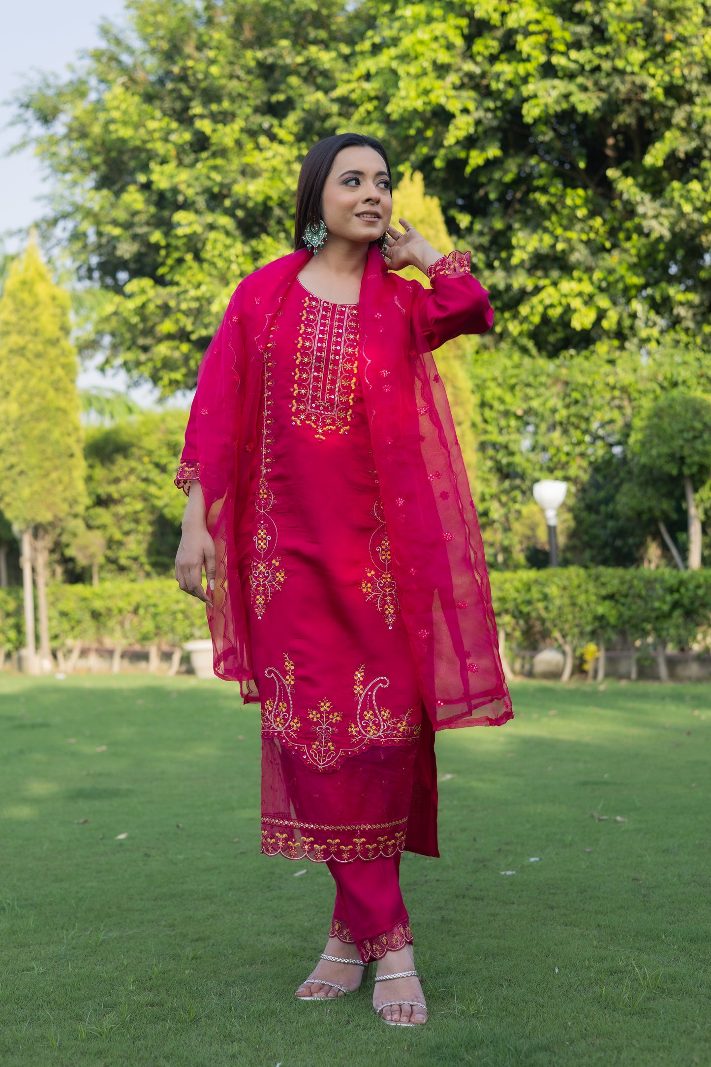Radiant Red Roman Silk Kurta Set with Embroidered Dupatta( Set of 3) - Vanika