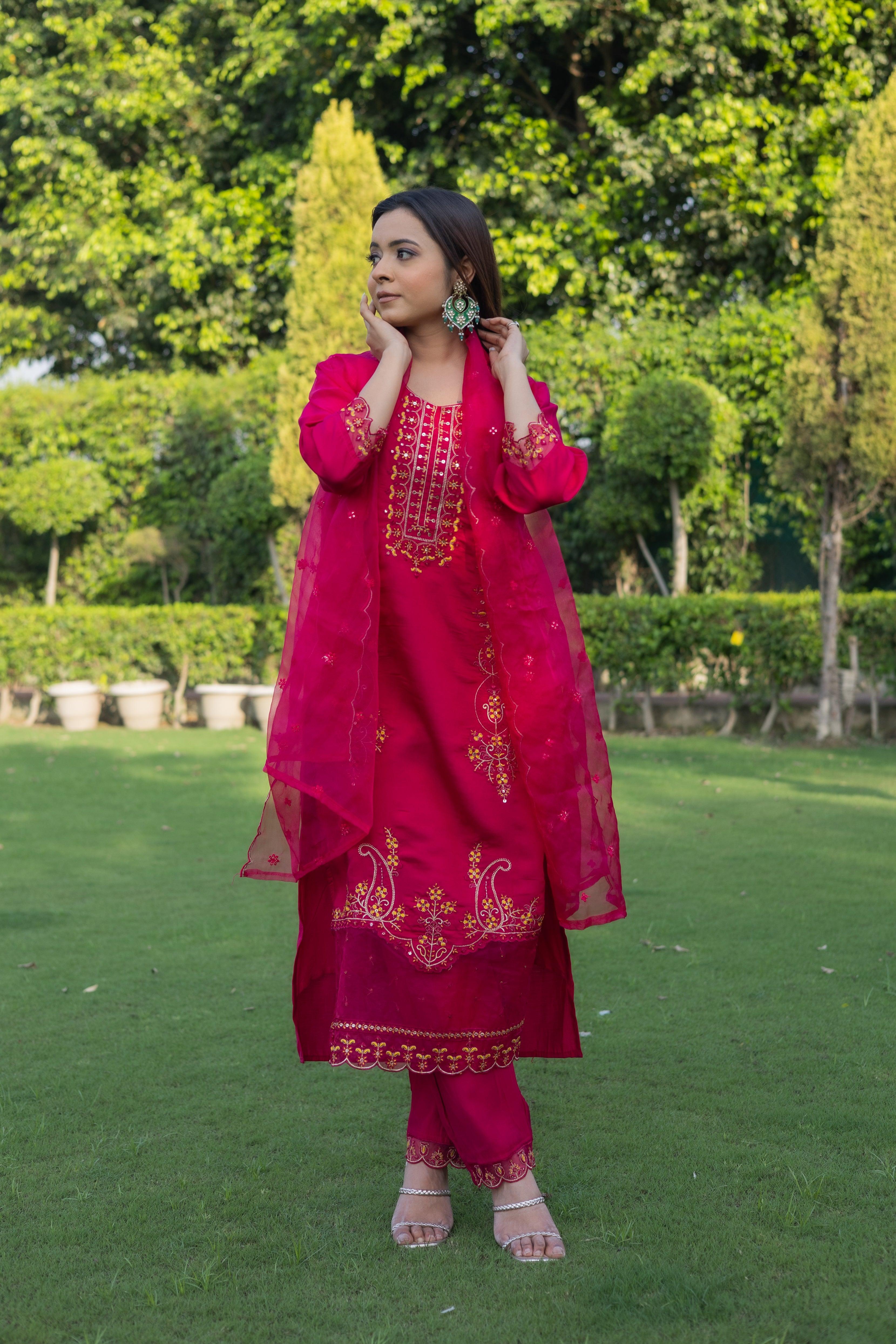 Radiant Red Roman Silk Kurta Set with Embroidered Dupatta( Set of 3) - Vanika