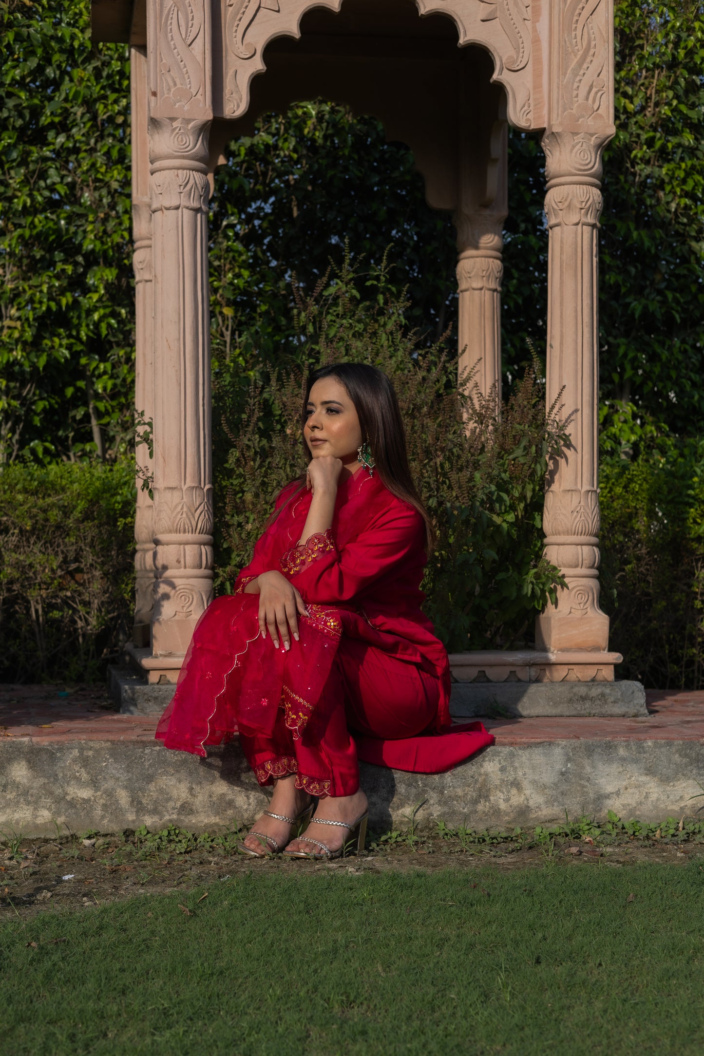 Radiant Red Roman Silk Kurta Set with Embroidered Dupatta( Set of 3) - Vanika