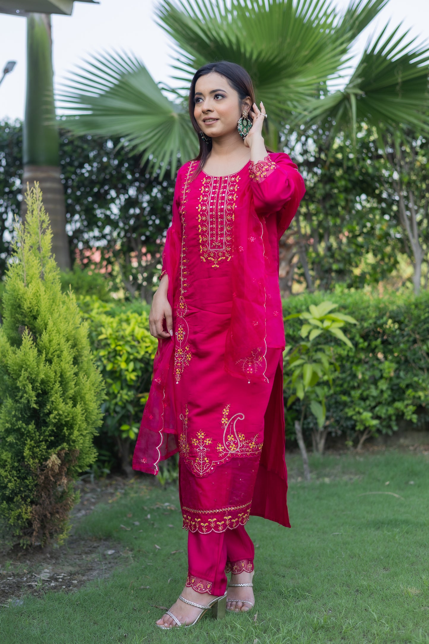 Radiant Red Roman Silk Kurta Set with Embroidered Dupatta( Set of 3) - Vanika