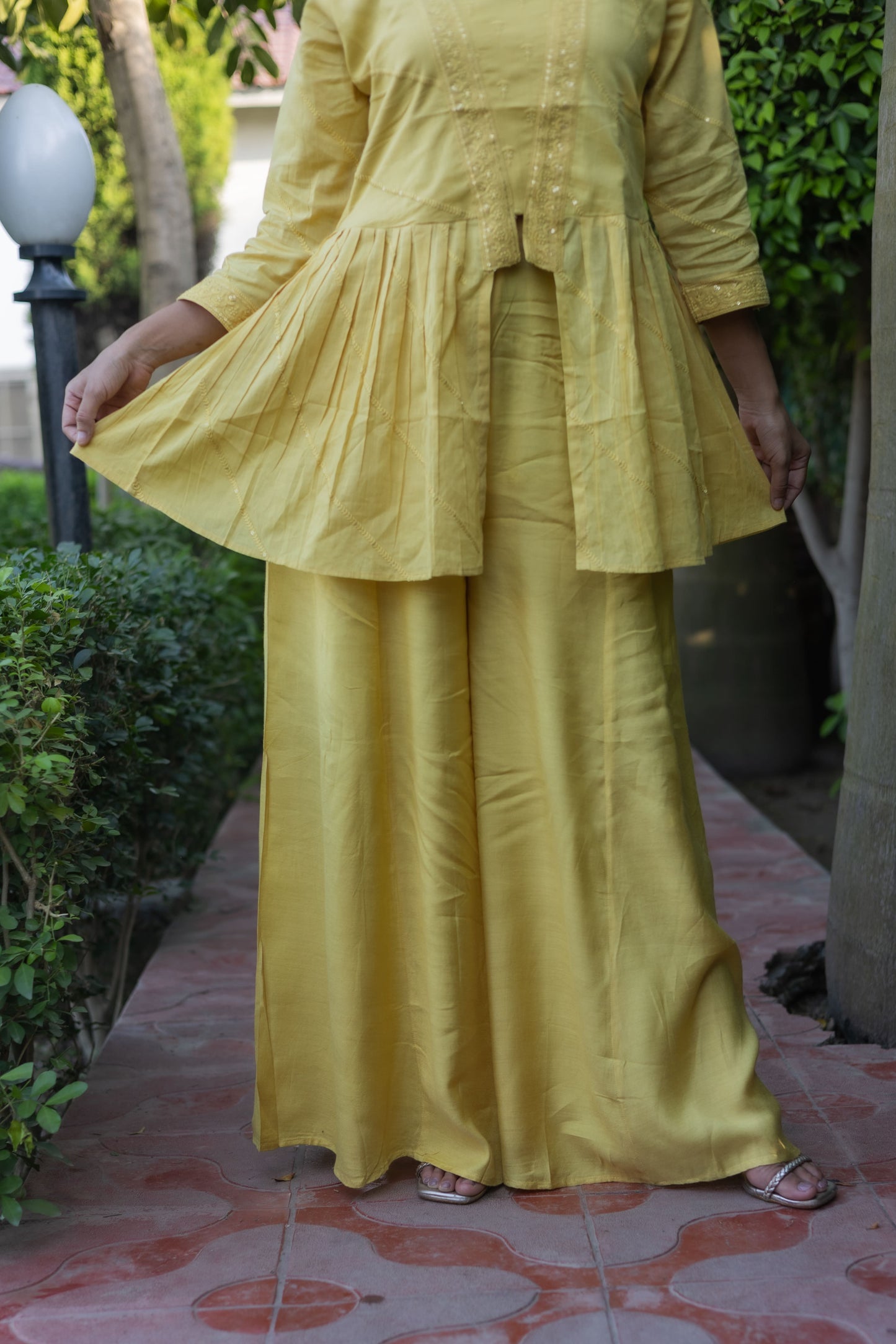 Elegant Yellow Embroidered Coord Set with Flowy Palazzo( Set of 2) - Vanika